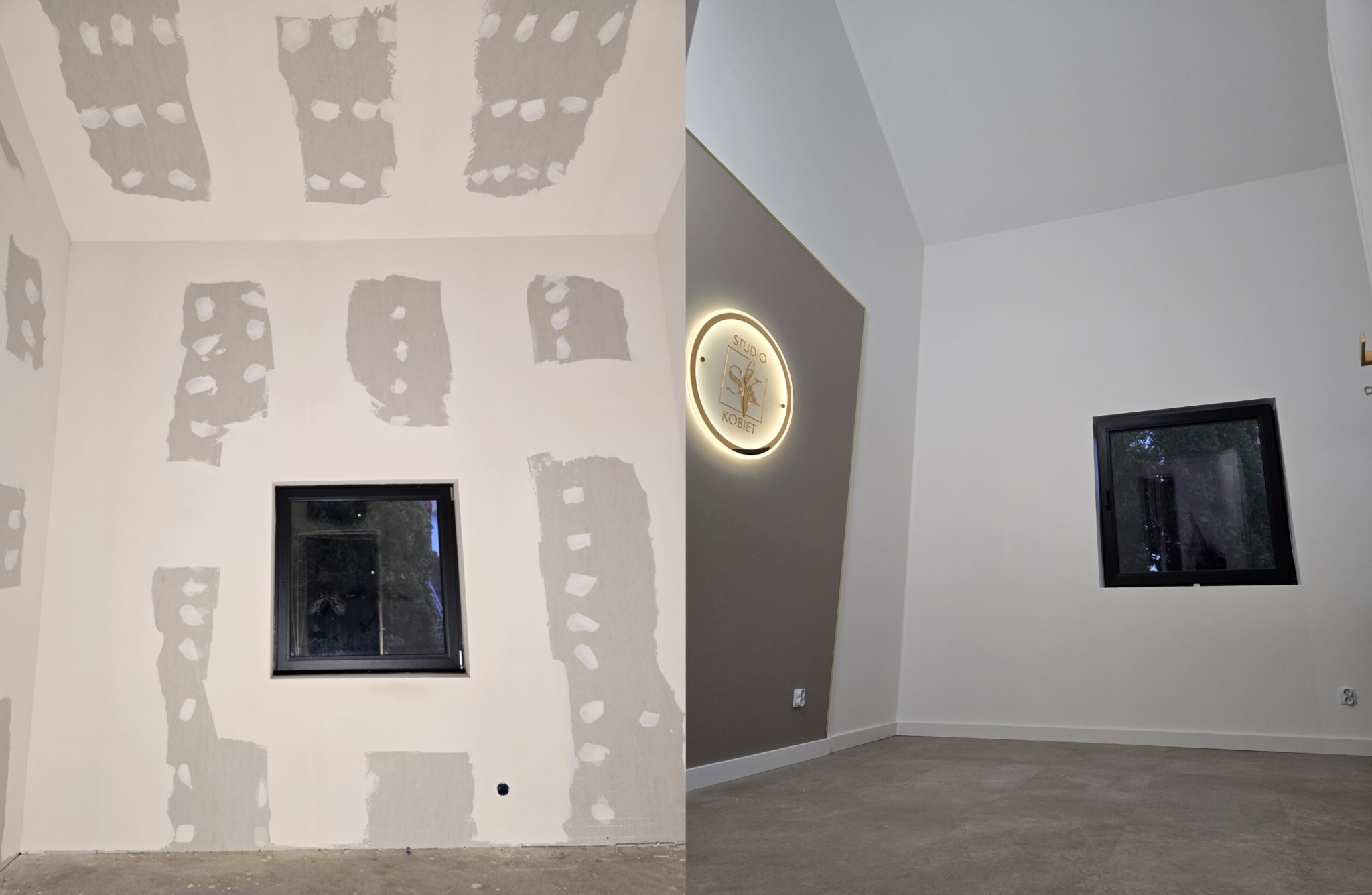 Porównanie stanu ściany przed i po wygładzeniu, widoczne fragmenty z nałożonymi łatami gipsowymi oraz gładka, pomalowana powierzchnia z logo studia.