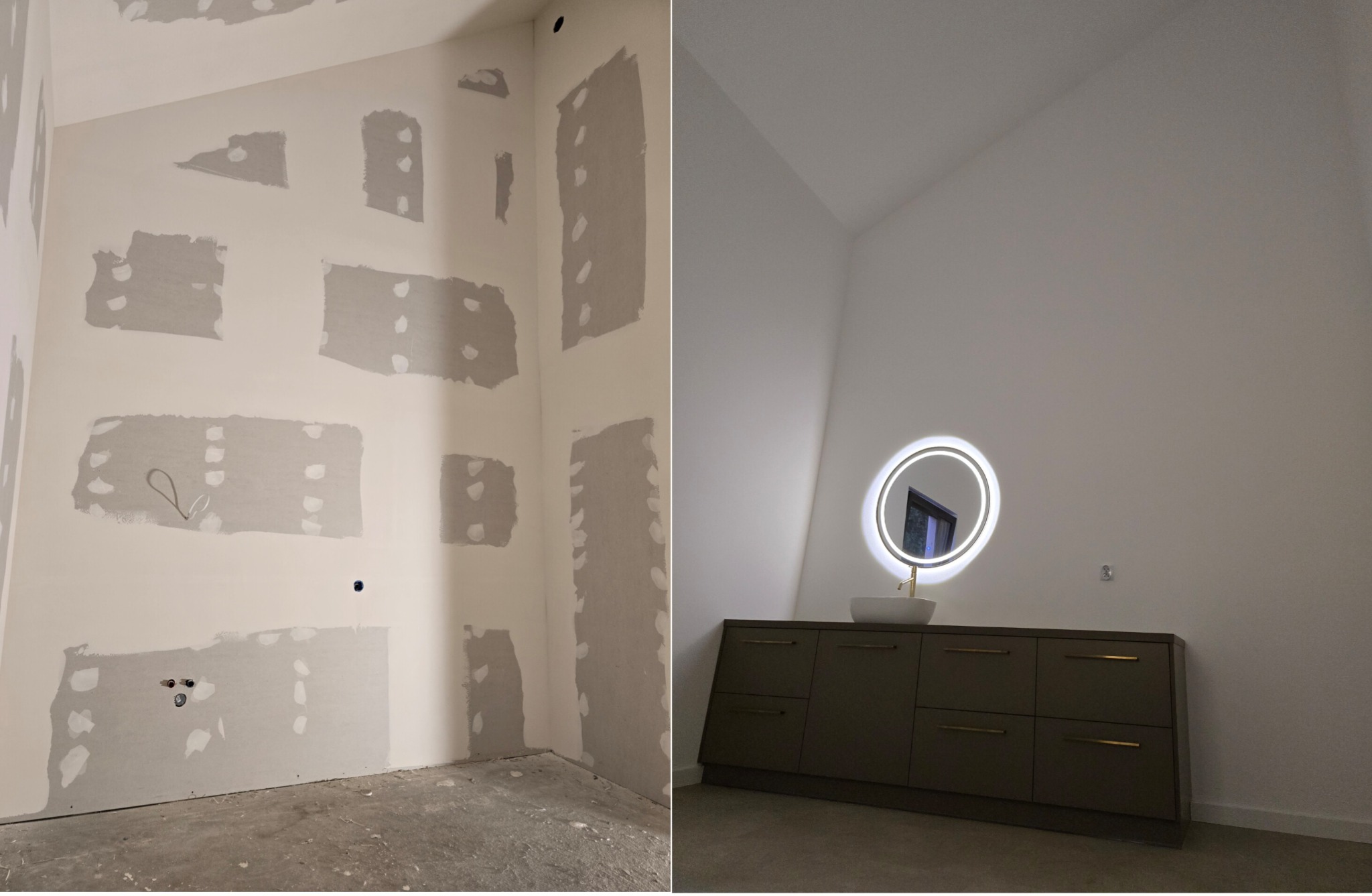 Dwa ujęcia tego samego pomieszczenia: po lewej ściany w trakcie szpachlowania z widocznymi łatami, po prawej gotowa ściana z szafką, umywalką i okrągłym lustrem z podświetleniem LED.