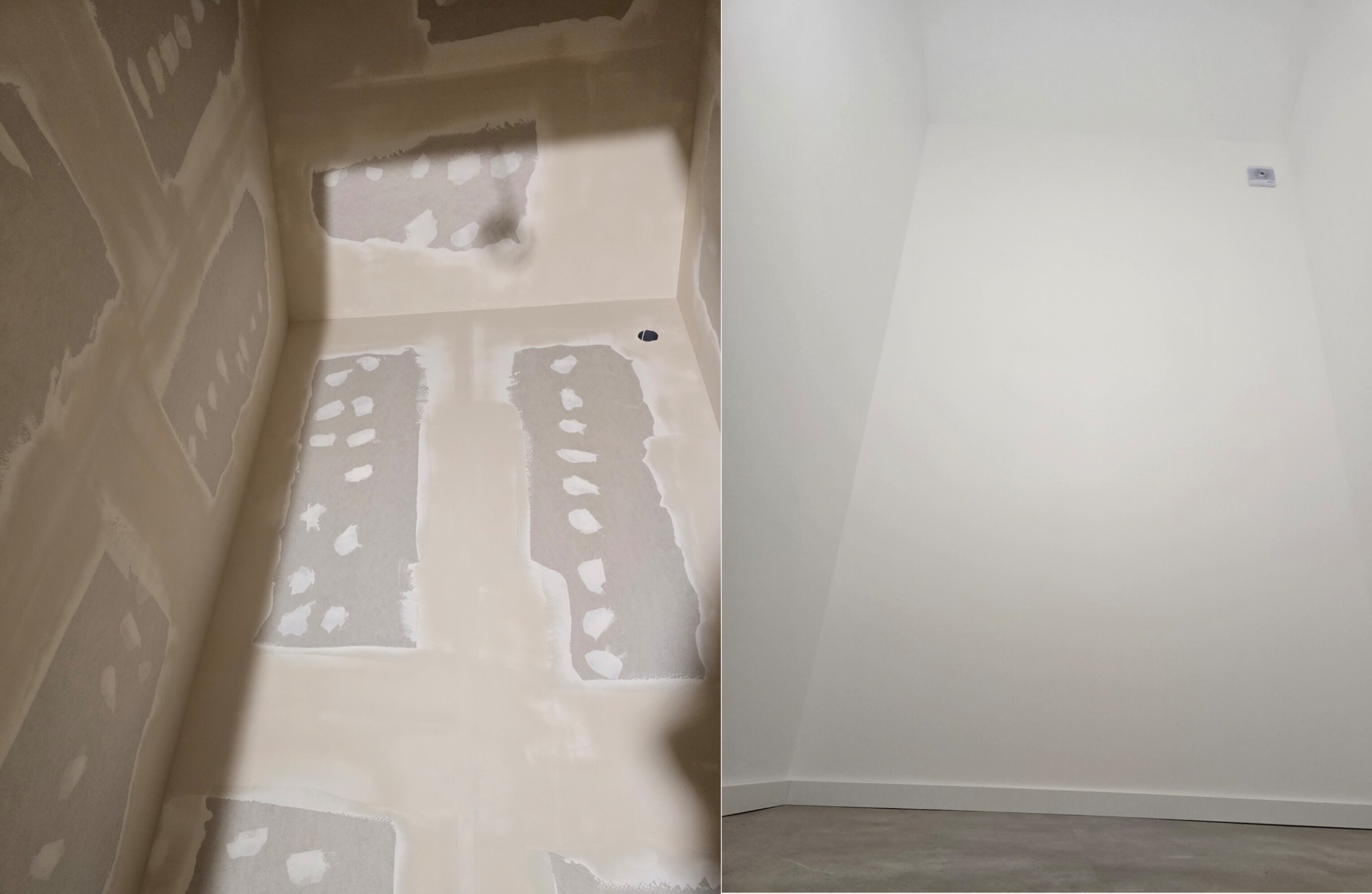 Porównanie stanu ściany przed i po wygładzeniu: po lewej surowa ściana z widocznymi łatami, po prawej idealnie gładka, pomalowana na biało ściana z listwą przypodłogową.