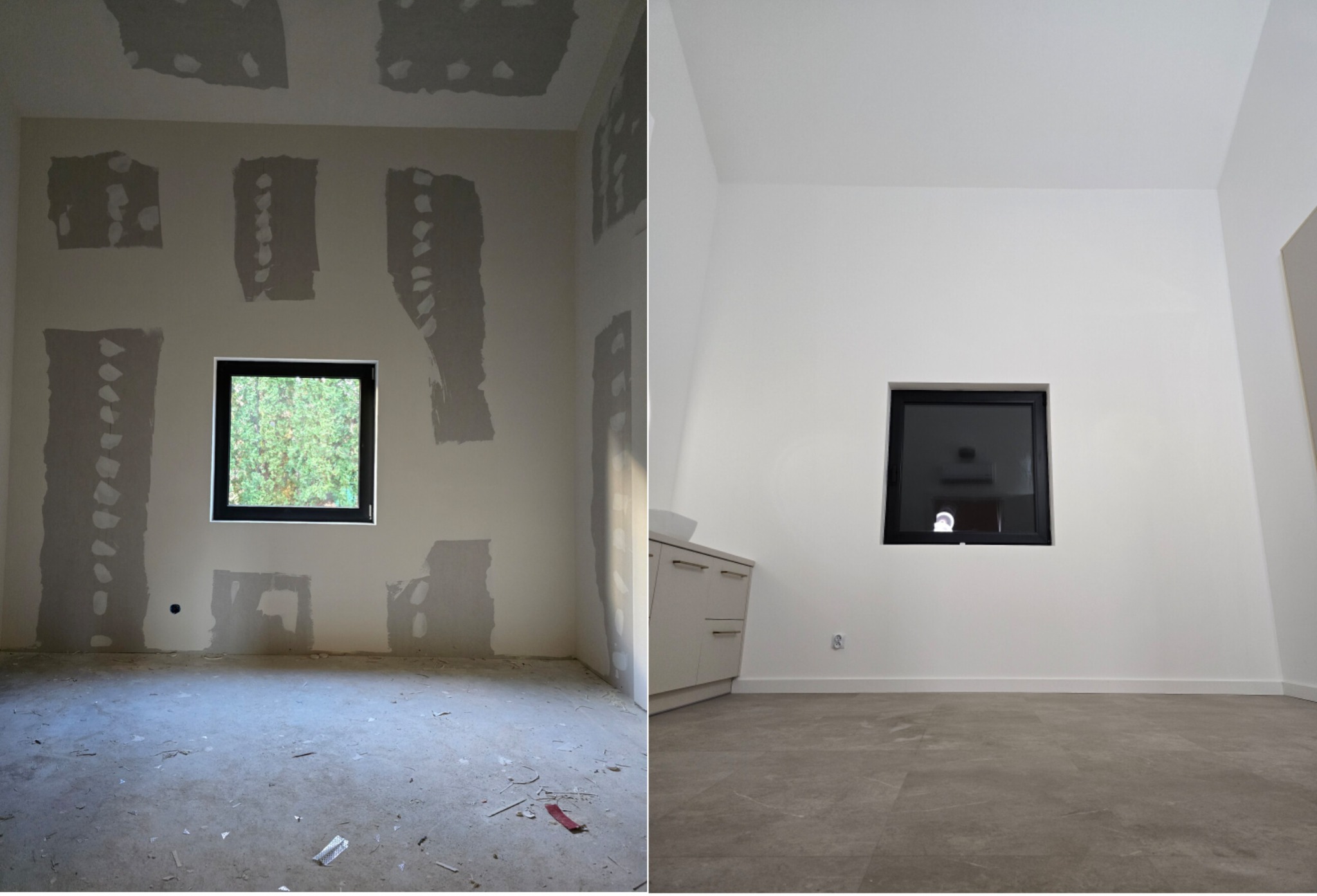 Porównanie stanu pokoju przed i po remoncie: ściany z łatami po szpachlowaniu i surowa podłoga kontra gładkie, pomalowane na biało ściany i szara podłoga.