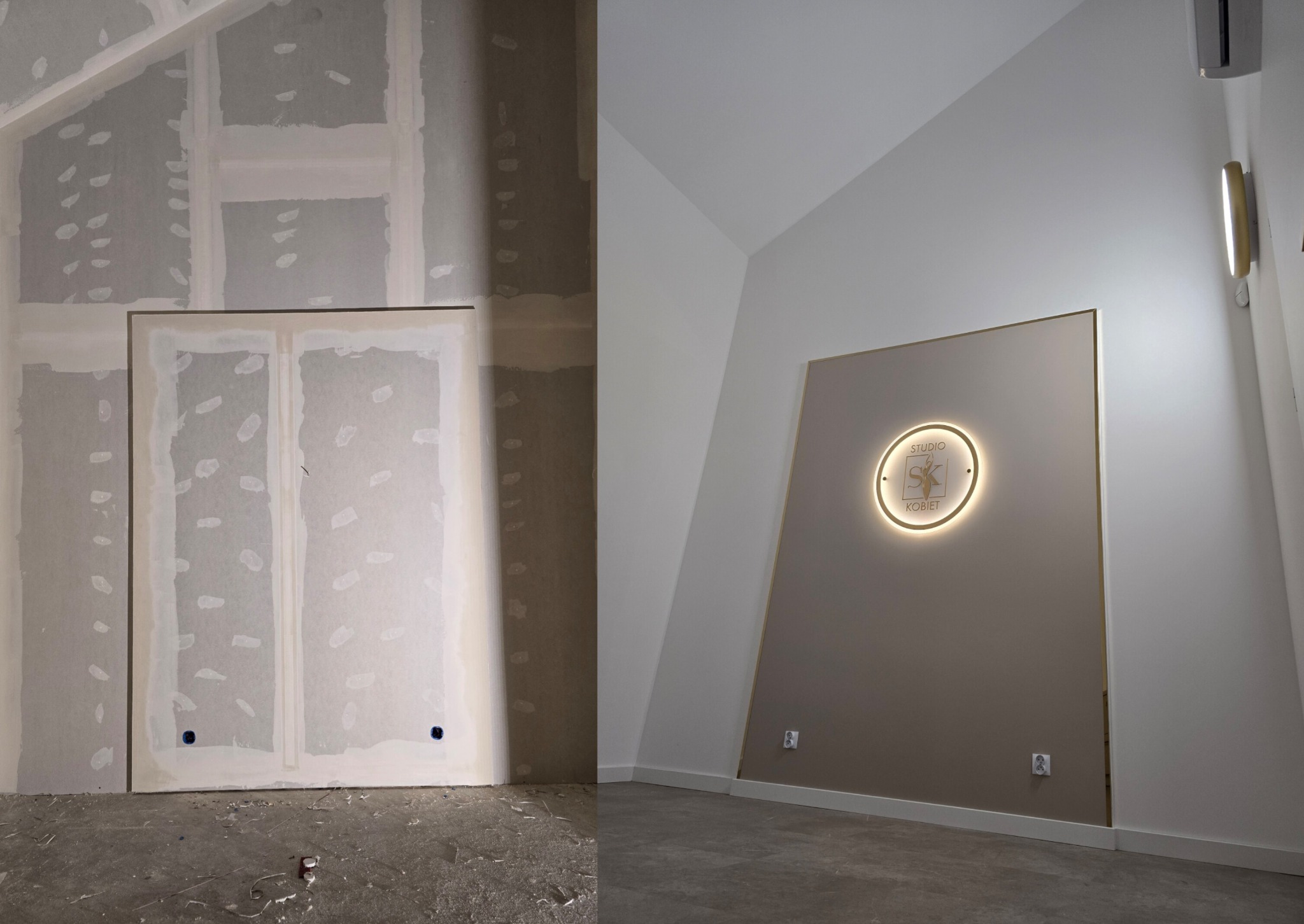 Porównanie stanu surowego ściany z płyt kartonowo-gipsowych przed i po wykończeniu, po lewej widoczne łączenia i szpachlowanie, po prawej gotowa ściana z oświetlonym logo firmy.