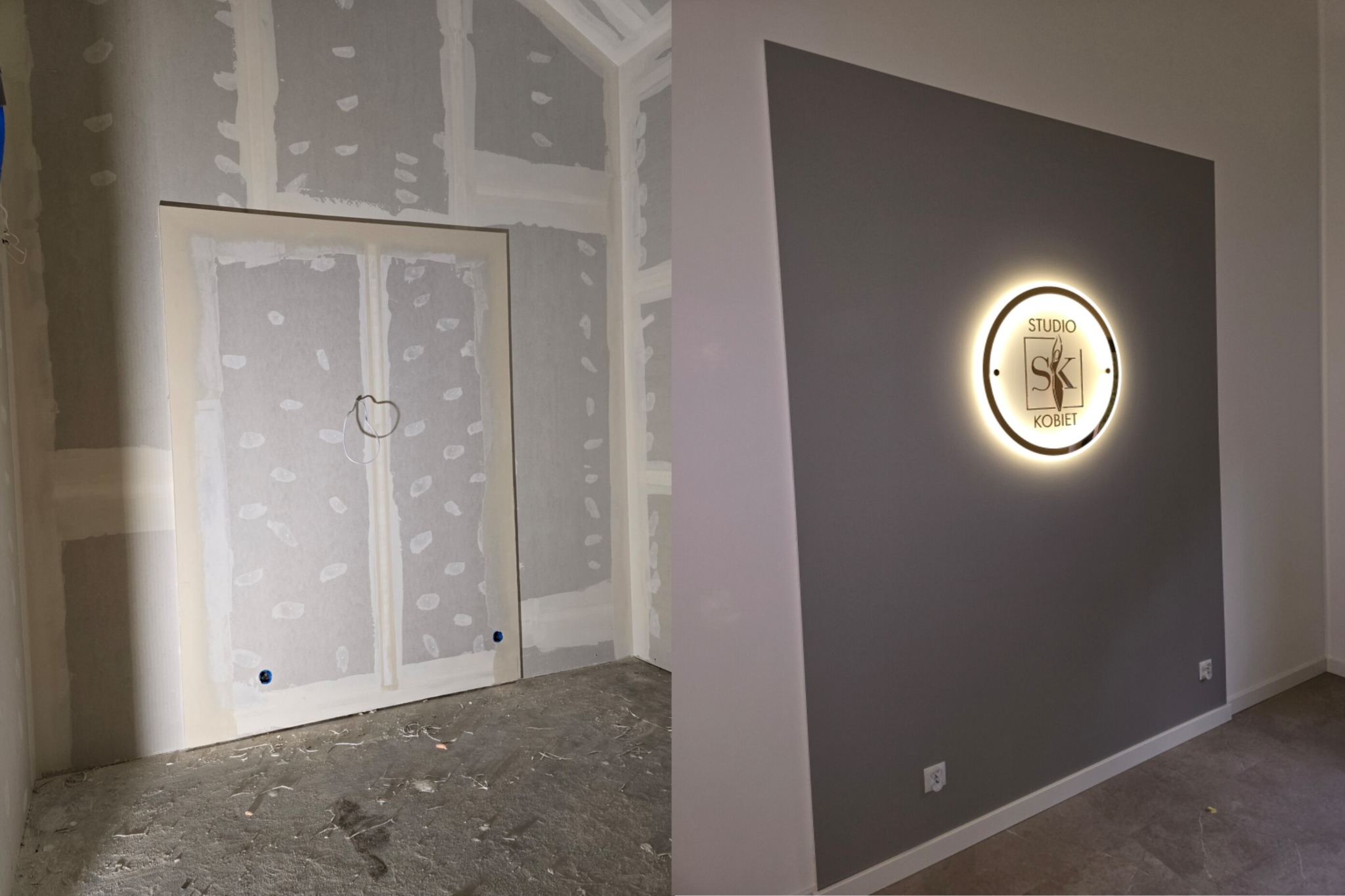 Po lewej surowe ściany z płyt kartonowo-gipsowych, częściowo wyszpachlowane, z widocznymi otworami na instalacje elektryczne, po prawej pomalowana na szaro ściana z podświetlanym okrągłym logo...