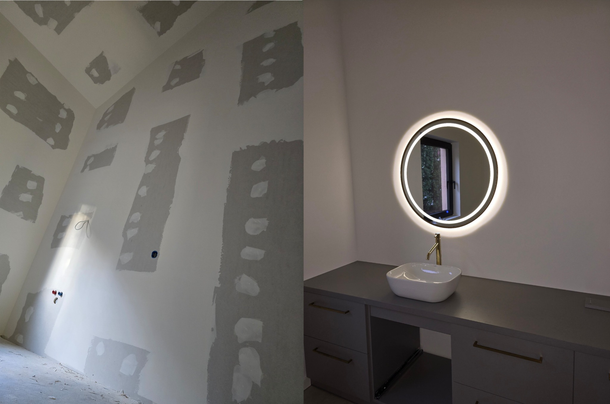 Po lewej: ściana w trakcie szpachlowania, widoczne fragmenty z nałożoną gładzią. Po prawej: wykończona łazienka z podświetlanym lustrem i umywalką na szarej szafce.