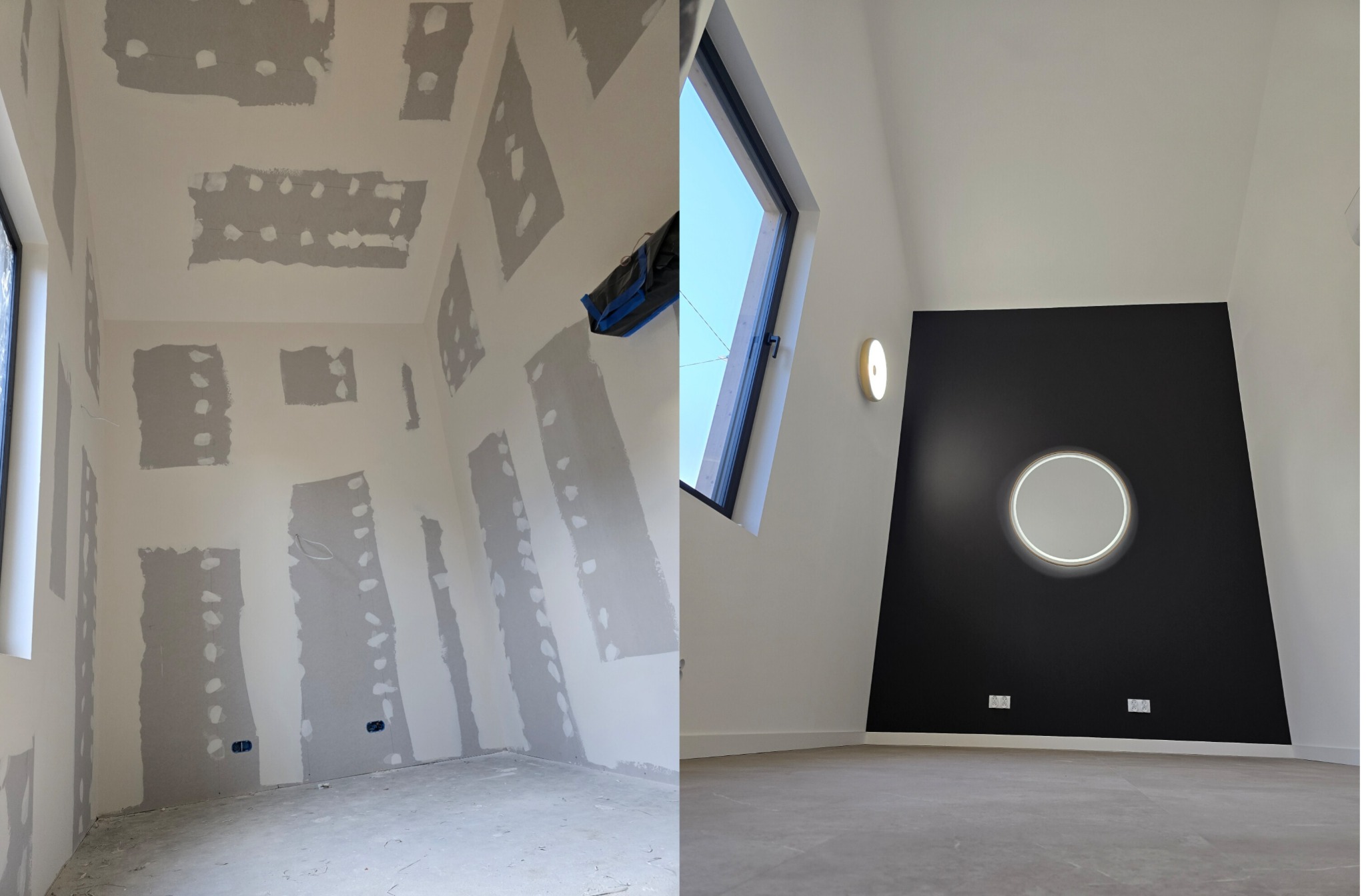 Pokój przed i po remoncie: po lewej ściany z widocznymi łączeniami płyt gipsowo-kartonowych, po prawej czarna ściana z okrągłym podświetlanym lustrem i białymi ścianami bocznymi.