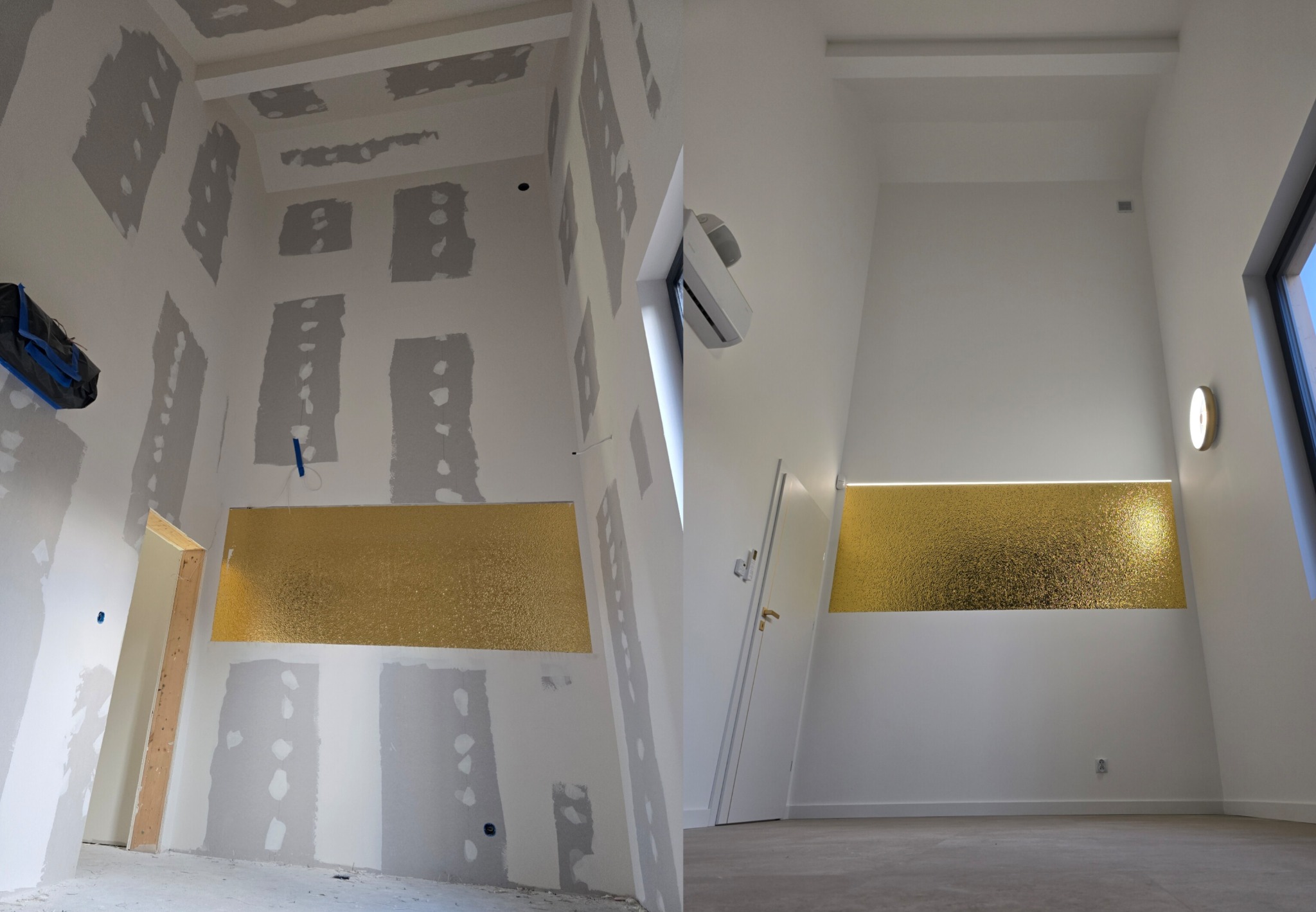 Dwa ujęcia tego samego pokoju: po lewej ściany z płyt kartonowo-gipsowych w trakcie szpachlowania, po prawej pokój po malowaniu na biało z poziomym pasem złotej dekoracji na ścianie.
