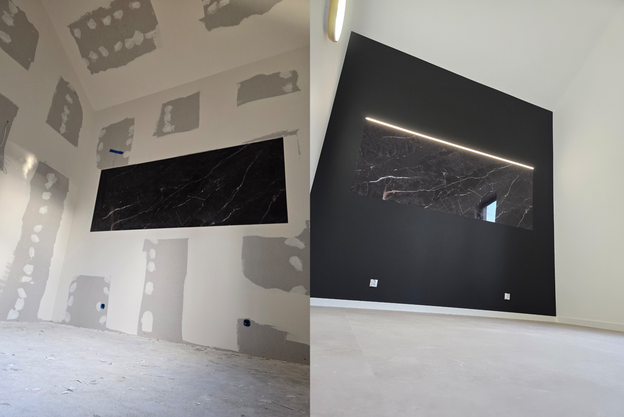 Porównanie stanu surowego i wykończonego pomieszczenia: ściany z łatami po szpachlowaniu vs. pomalowana na czarno ściana z podświetlaną płytą imitującą marmur i gładka podłoga.