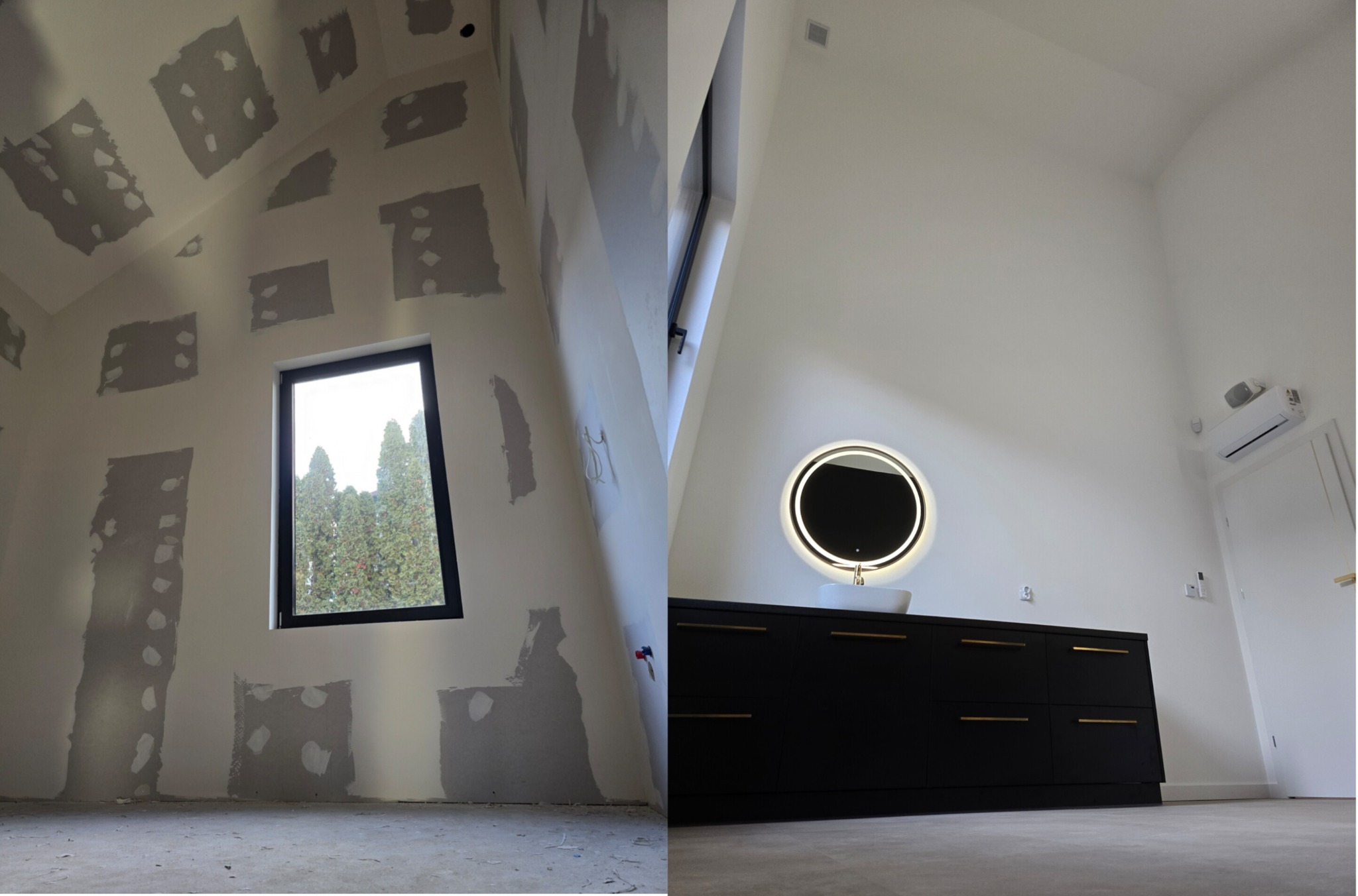 Pokój na poddaszu w trakcie remontu: po lewej ściana z oknem i miejscami nałożoną szpachlą, po prawej wykończona łazienka z czarną szafką pod umywalkę i okrągłym lustrem z podświetleniem LED.