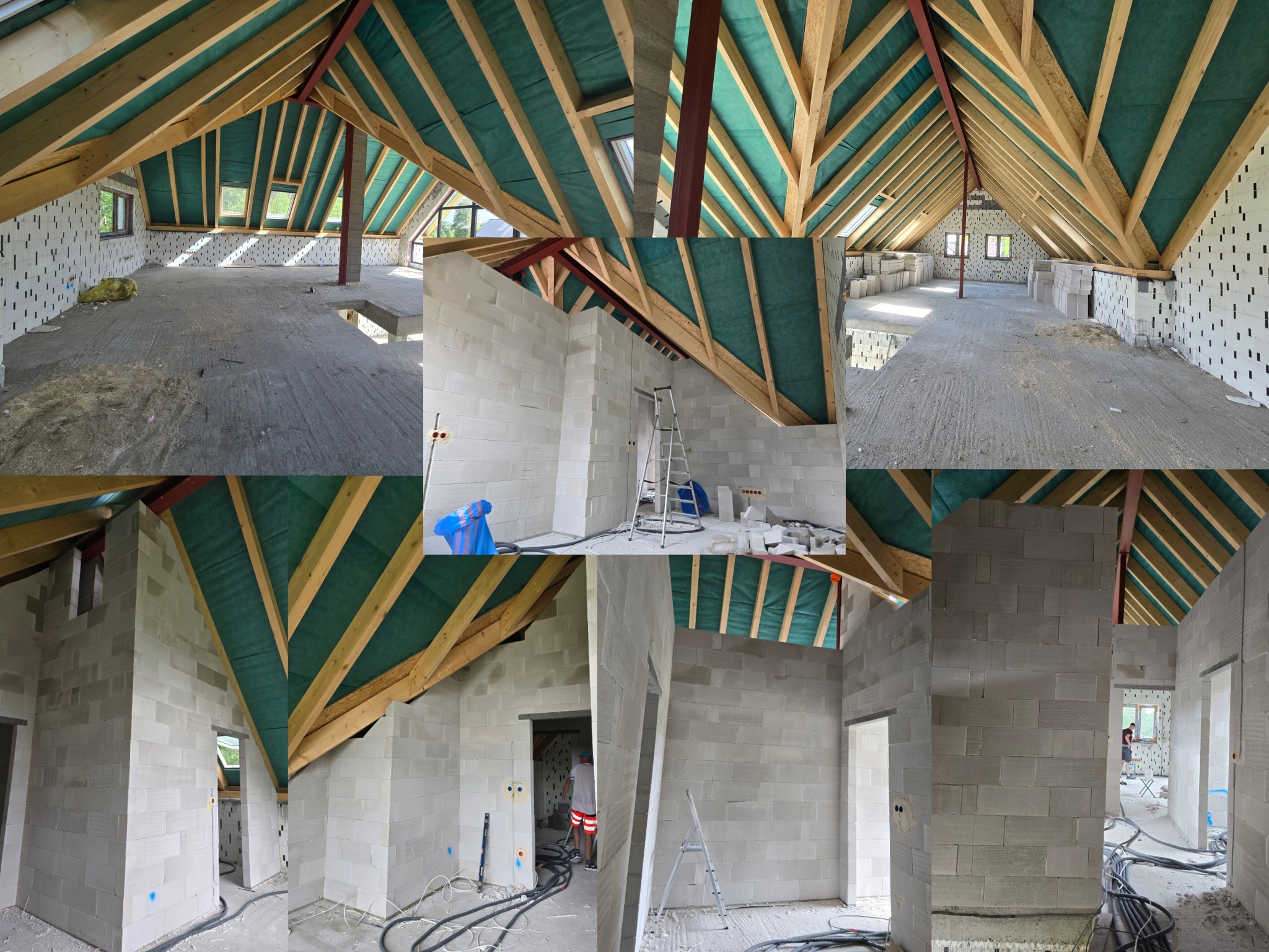 Poddasze w trakcie adaptacji w Toruniu: widoczne ściany z betonu komórkowego, drewniana konstrukcja dachu z zieloną membraną, instalacje elektryczne w podłodze.