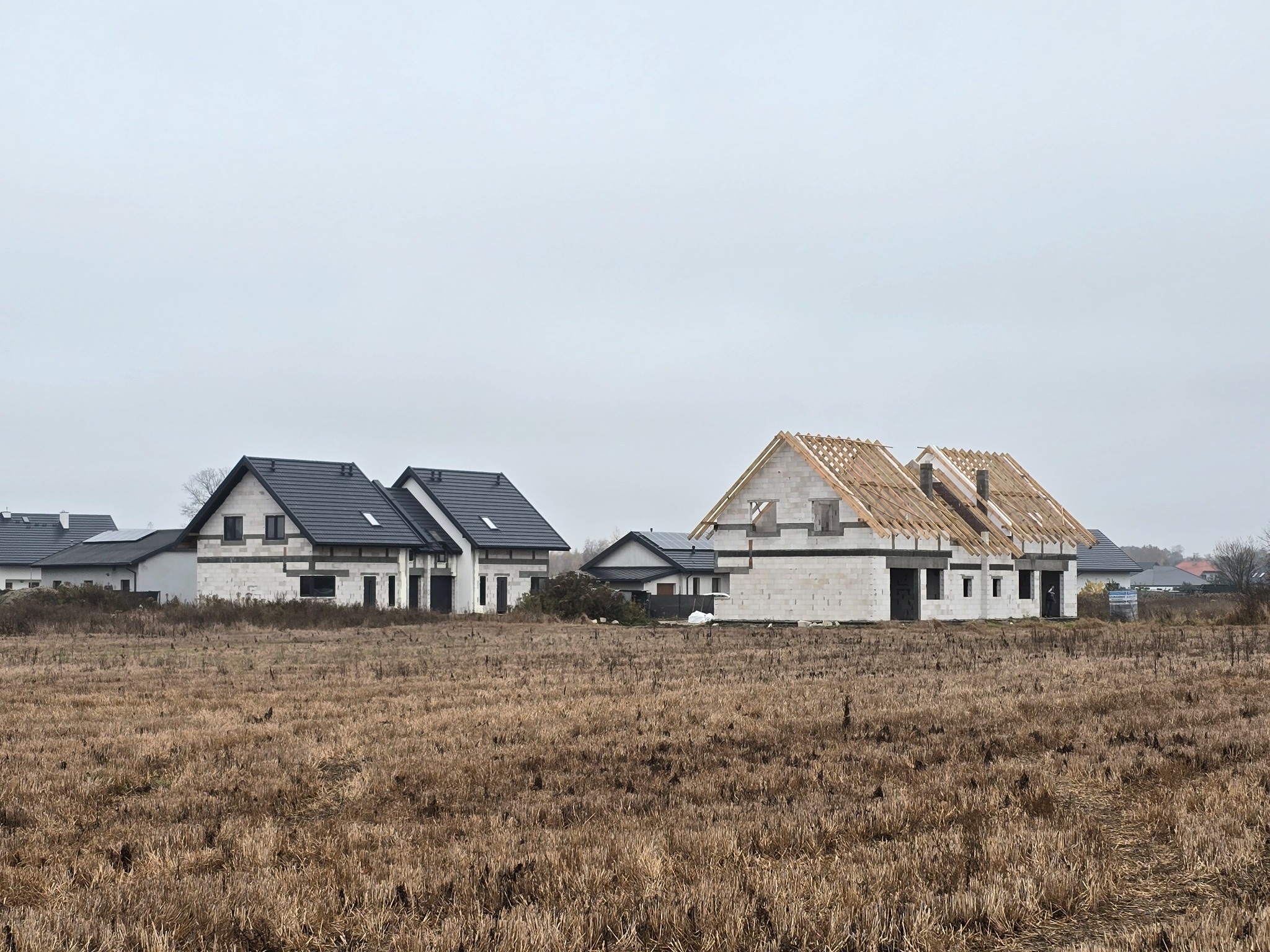 Dwa domy w różnym stadium budowy: jeden z dachem i oknami, drugi w trakcie wznoszenia więźby dachowej. Tło: pochmurne niebo i pole z uschniętą trawą.