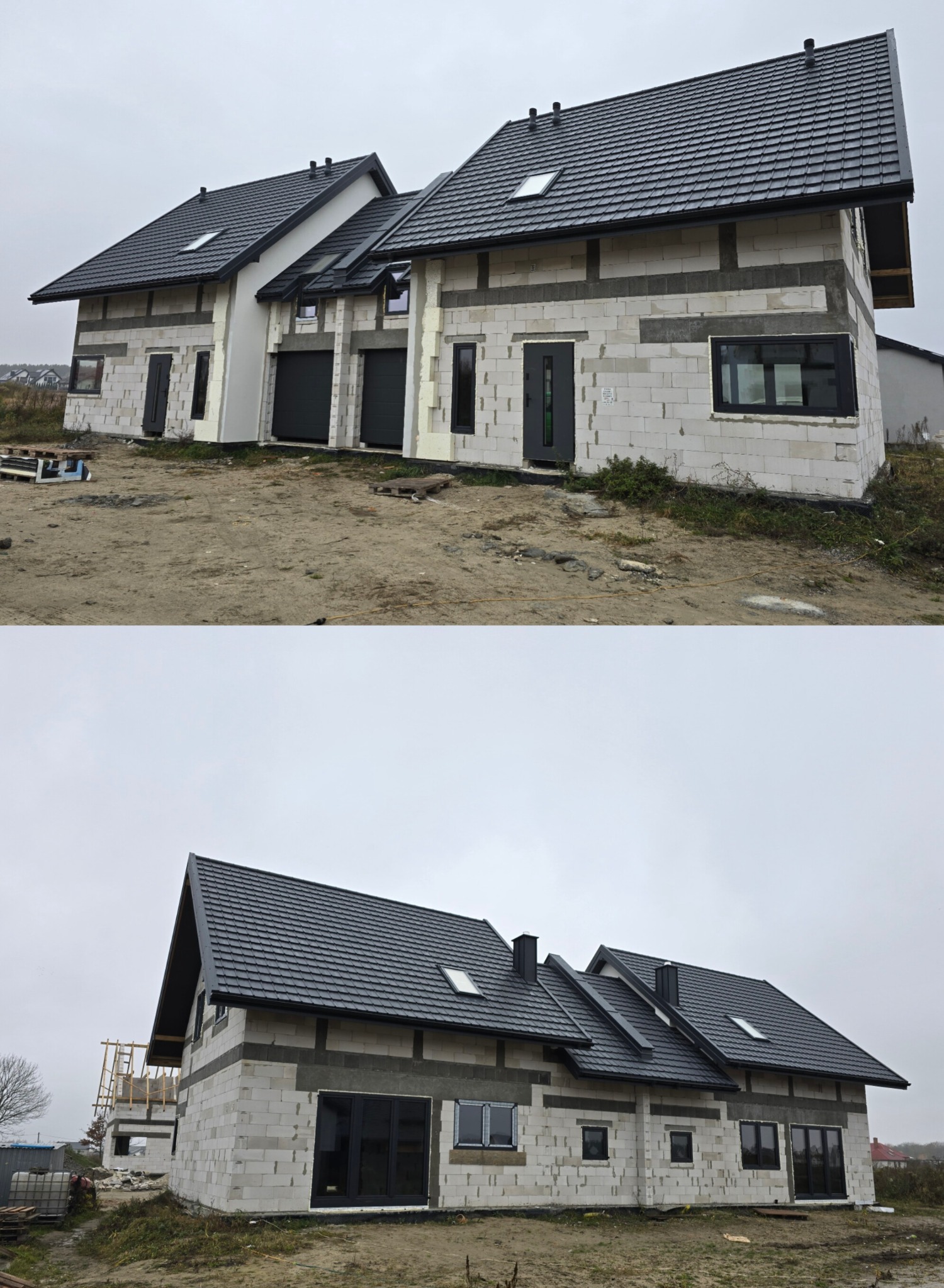 Dwa domy w stanie surowym zamkniętym, z czarną dachówką i oknami. Jeden z garażem. Widoczne bloczki z betonu komórkowego i elementy konstrukcyjne dachu.
