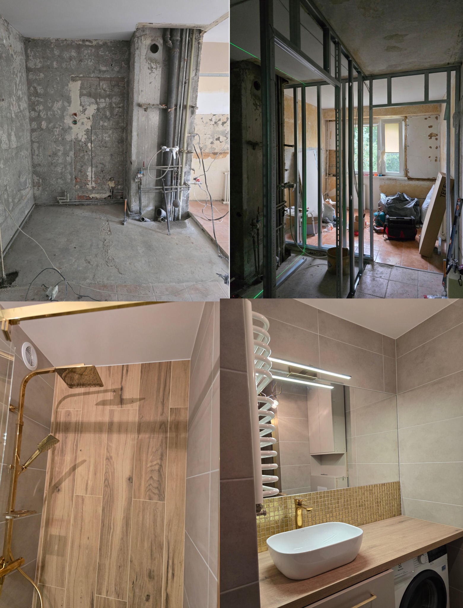 Remont łazienki: kolaż 'przed i po' z surowym wnętrzem i wykończoną łazienką z drewnopodobnymi płytkami, złotą armaturą i umywalką nablatową.