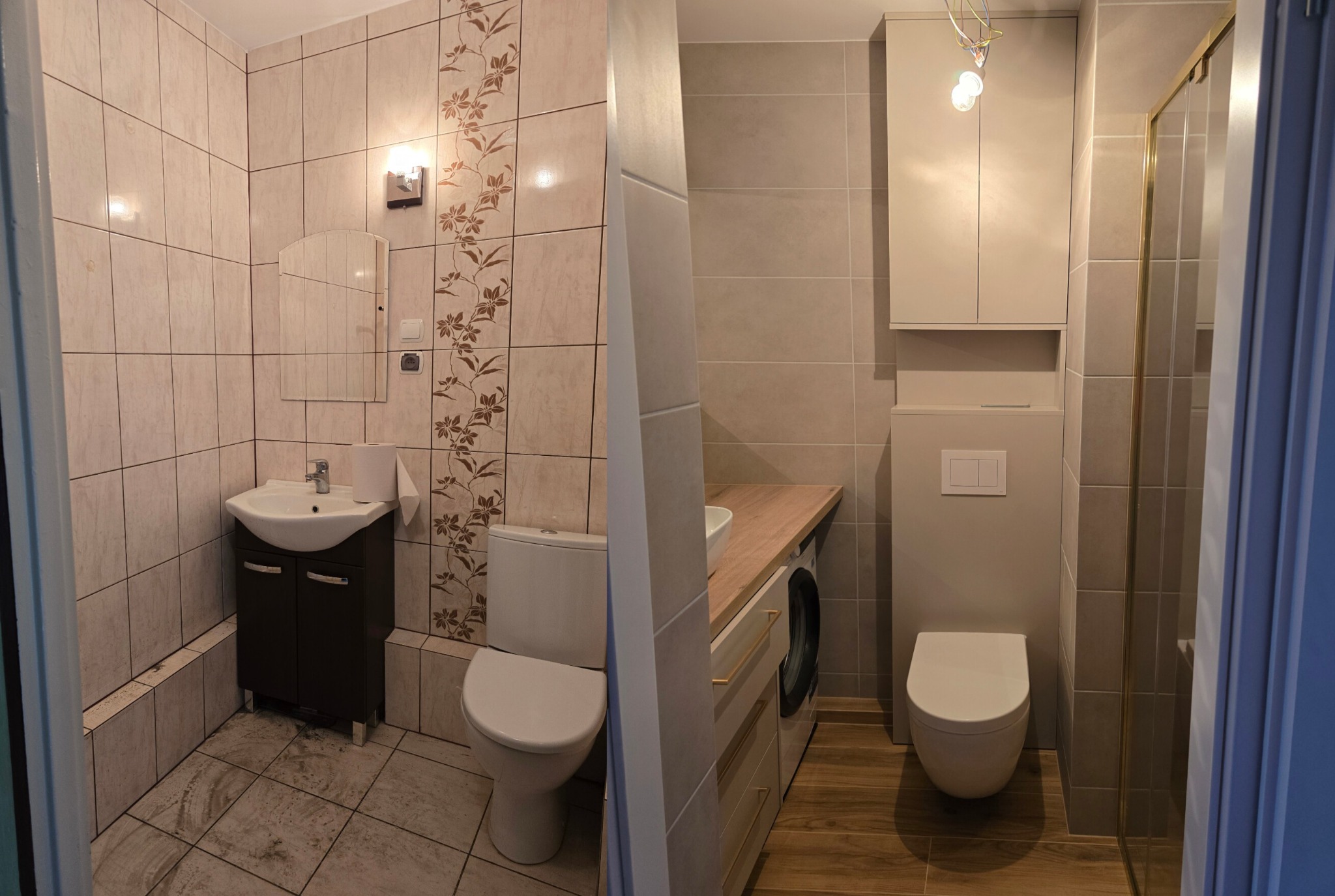 Zdjęcie łazienki przed i po remoncie. Po lewej stronie stara łazienka z brązowymi płytkami, po prawej nowa, odświeżona z szarymi płytkami i nową armaturą.