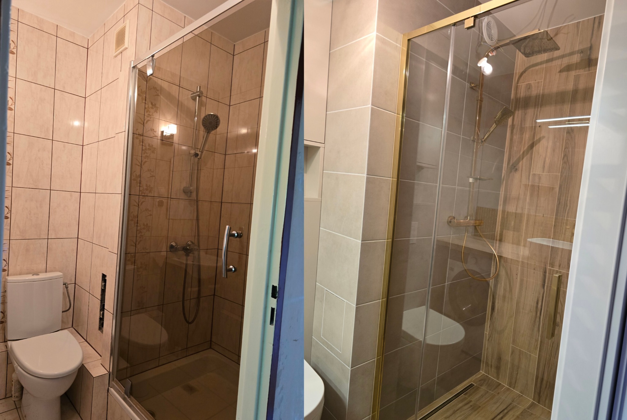 Zdjęcie 'przed i po' prezentujące metamorfozę kabiny prysznicowej: od beżowych płytek z wzorem do nowoczesnych szarych z elementami drewna i złotymi akcentami.