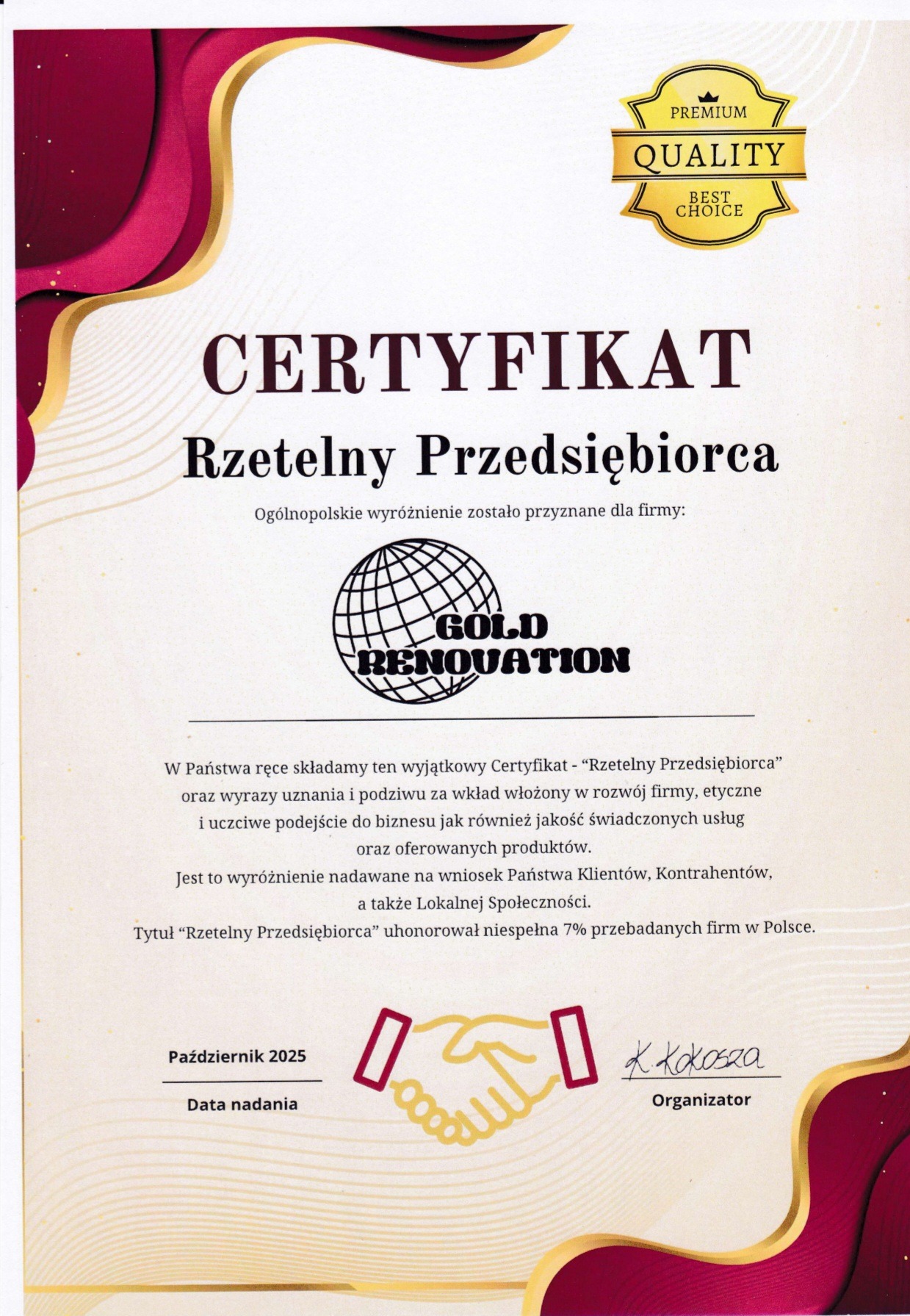 Certyfikat 'Rzetelny Przedsiębiorca' dla Gold Renovation z datą Październik 2025, z elementami graficznymi w kolorach bordo i złotym. Sygnatura organizatora K. Kokosza.