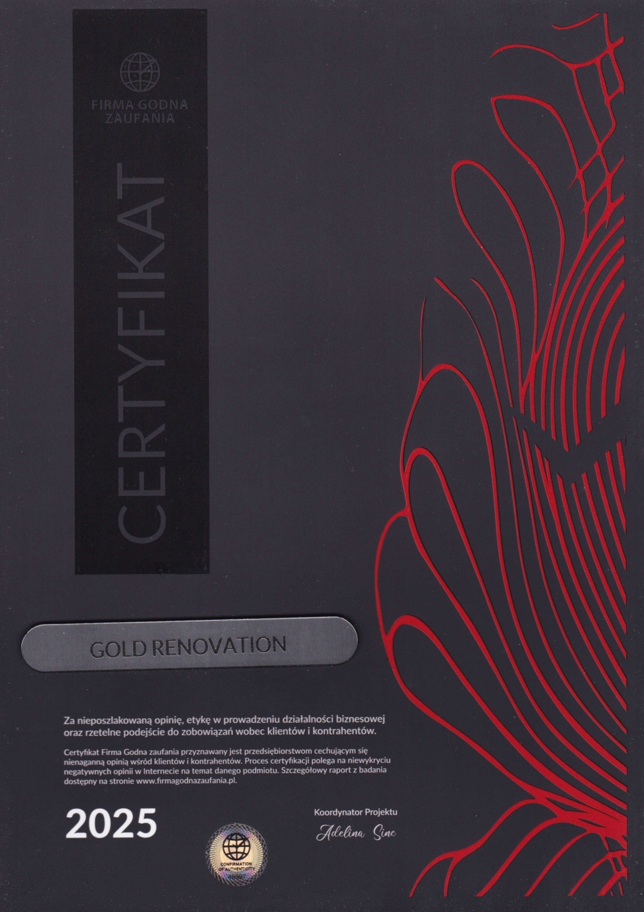 Certyfikat 'Firma Godna Zaufania' dla Gold Renovation, przyznany za etykę i rzetelność w biznesie, ważny do 2025 roku. Czerwone zdobienia na ciemnym tle.
