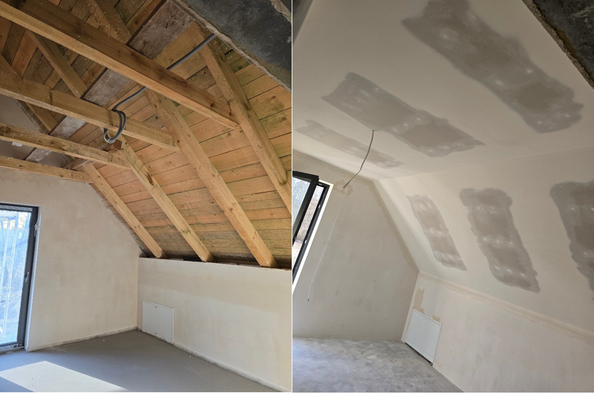 Poddasze przed i po gładziowaniu: surowe drewno więźby dachowej kontrastuje z gładką, pomalowaną powierzchnią ścian i sufitu. Widoczne okno i fragment instalacji elektrycznej.