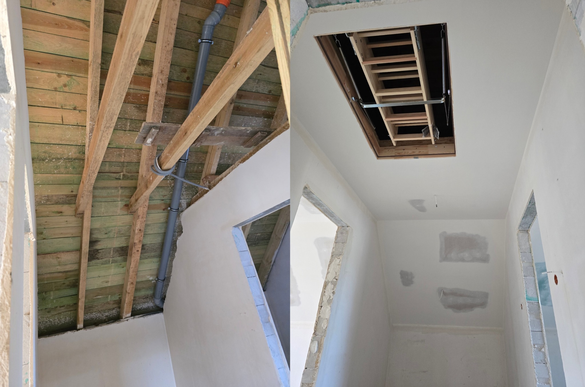 Poddasze z drewnianą konstrukcją, instalacją kanalizacyjną i wykończonymi ścianami. Widoczny otwór na schody strychowe i fragment ościeżnicy drzwiowej.