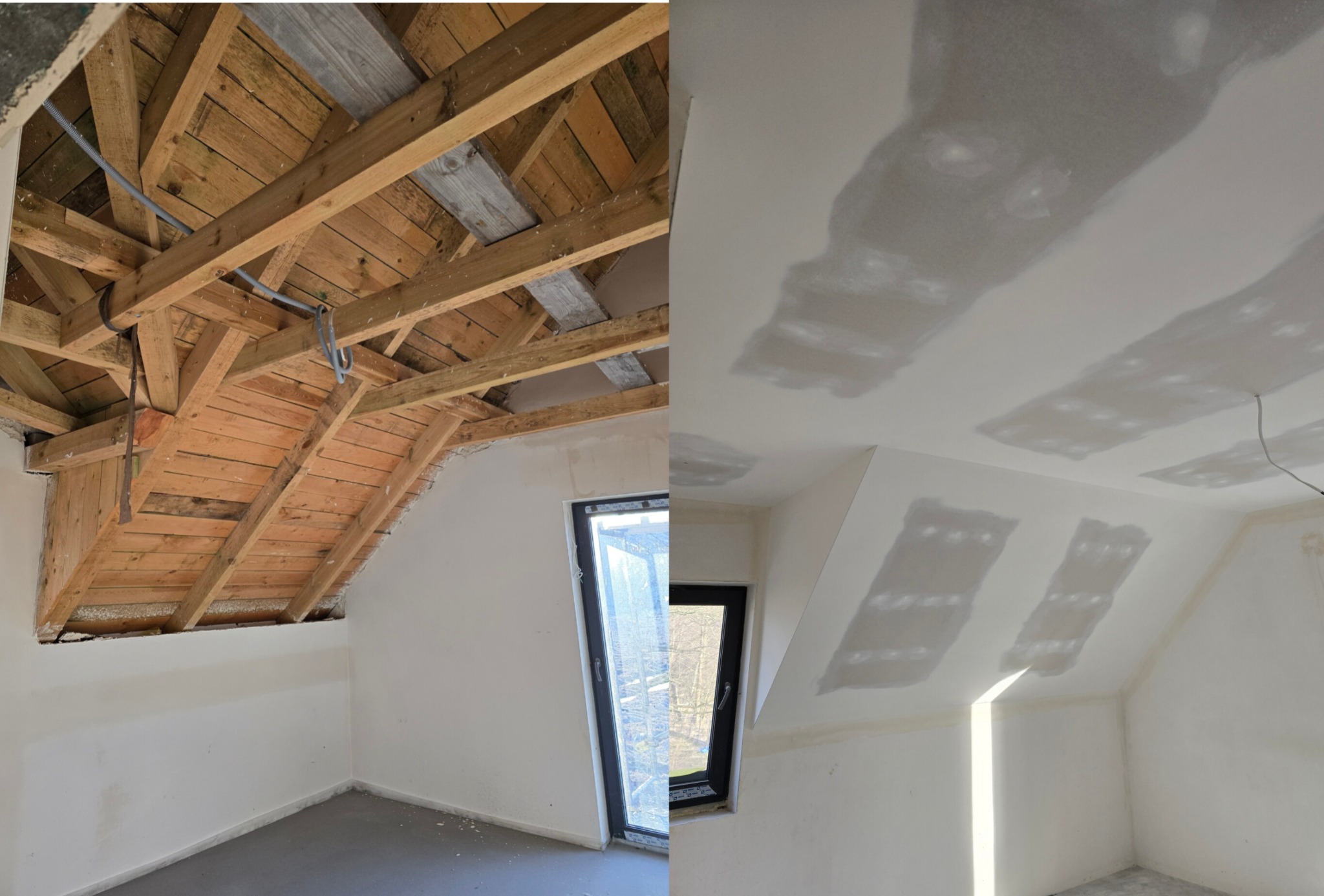 Poddasze przed i po: surowa drewniana konstrukcja dachu kontra wygładzone, białe ściany i sufit z widocznymi łatami gładzi. Okno w czarnej ramie.