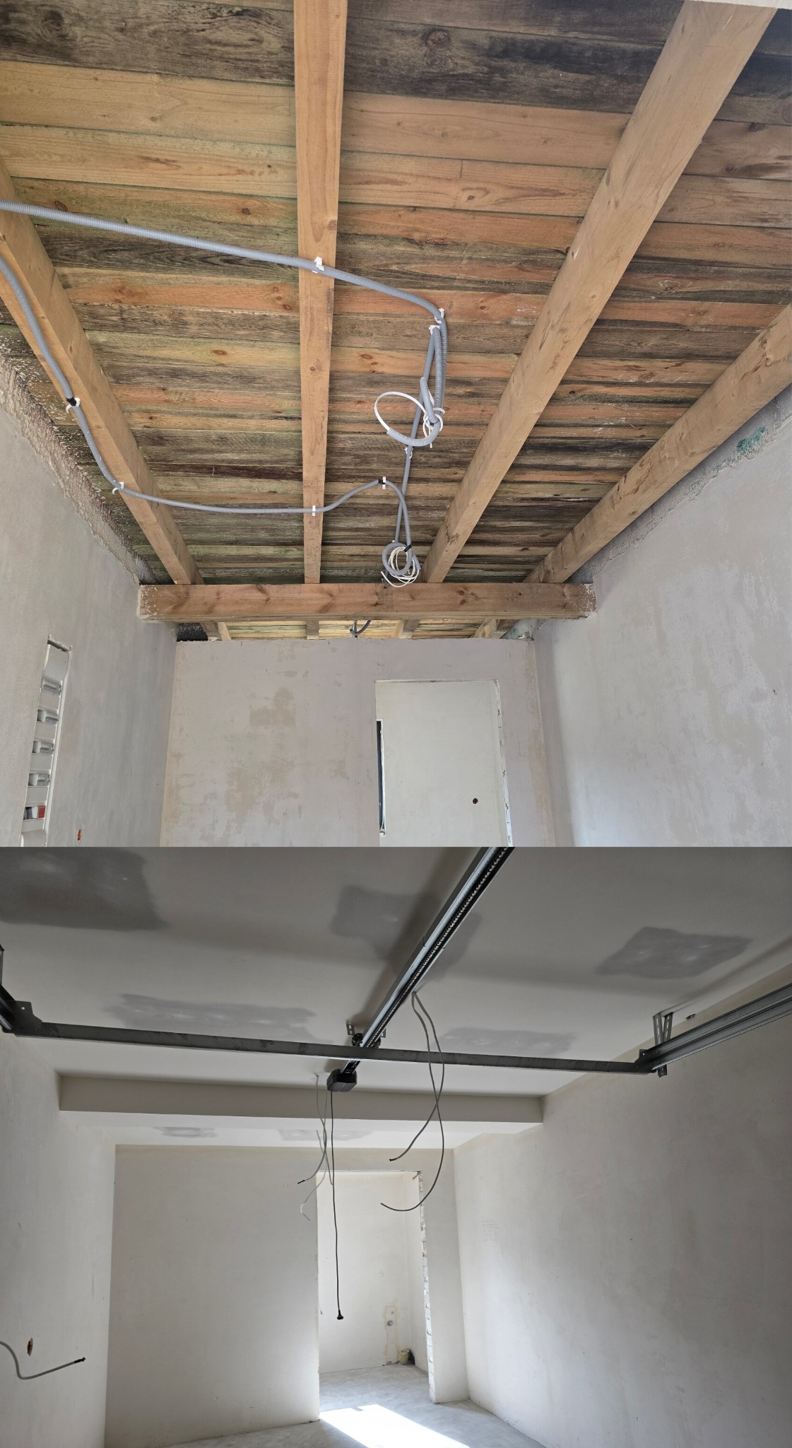 Dwa ujęcia: drewniany strop z instalacją elektryczną w peszlu i sufit podwieszany z metalową konstrukcją. Stan surowy, ściany otynkowane.