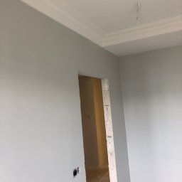 Daniel Mal Proff - Jasnoszare ściany w świeżo wykończonym wnętrzu z dekoracyjną listwą przysufitową i widocznym otworem drzwiowym w trakcie prac wykończeniowych.