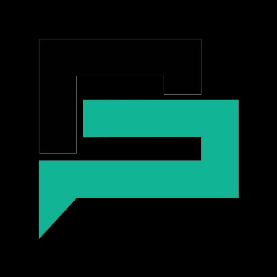 Abstrakcyjne logo w kolorach czerni i turkusu, przypominające stylizowaną literę 'S' lub fragment dymku dialogowego, na jednolitym czarnym tle.