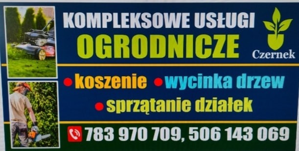 Baner reklamowy z ofertą kompleksowych usług ogrodniczych firmy Czernek, prezentujący koszenie trawy, wycinkę drzew i sprzątanie działek oraz numery telefonów kontaktowych.