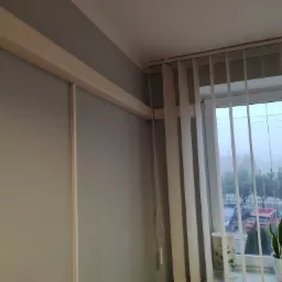 Zamknięte żaluzje pionowe przy oknie z widokiem na zewnątrz w pochmurny dzień, roślina doniczkowa na parapecie.