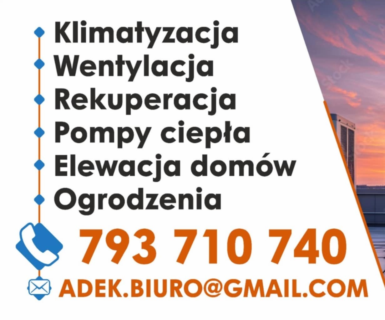Grafika reklamowa firmy oferującej usługi klimatyzacji, wentylacji, rekuperacji, pomp ciepła, elewacji domów i ogrodzeń, z widocznym numerem telefonu i adresem e-mail na tle zachodzącego słońca...