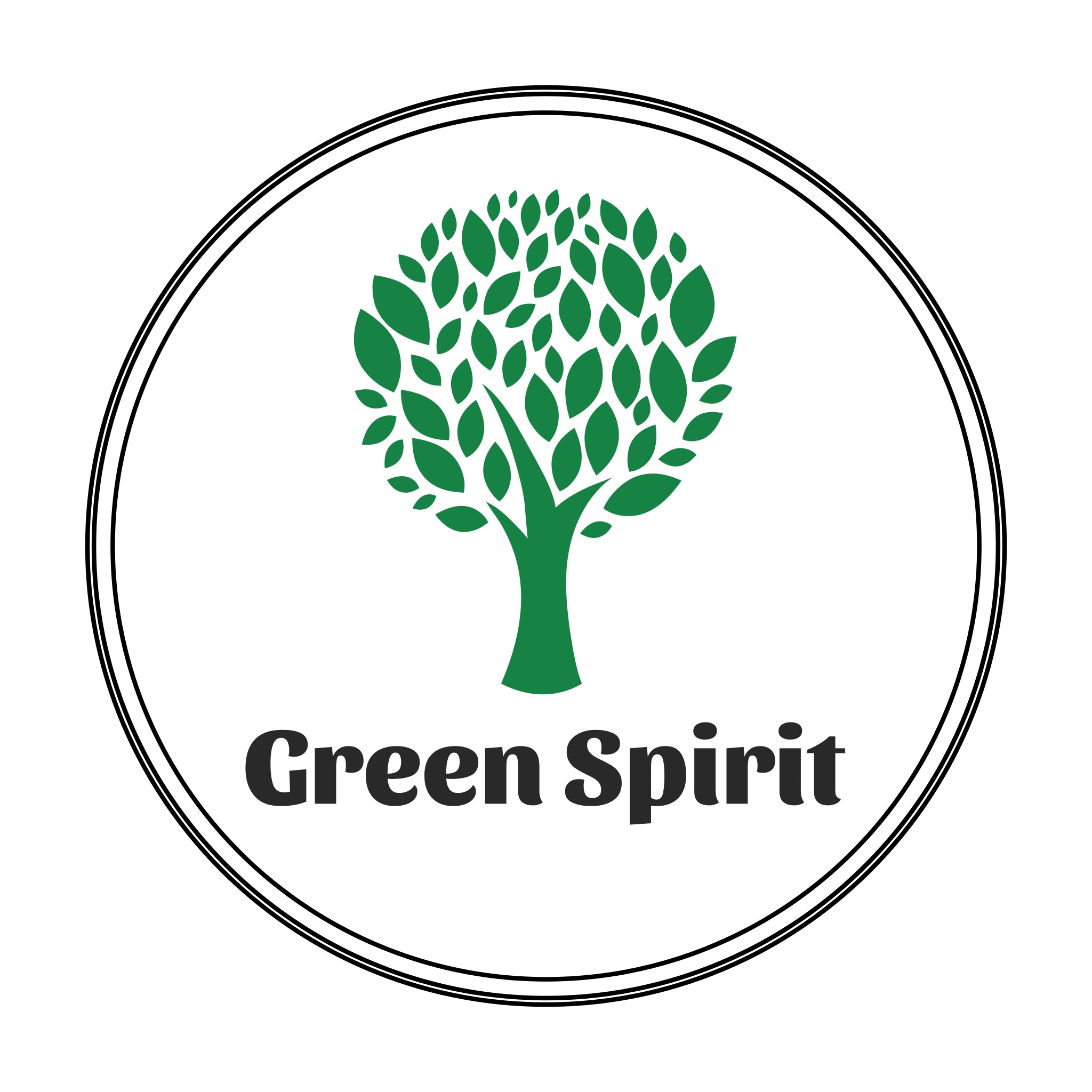 Logo firmy ogrodniczej Green Spirit przedstawiające stylizowane drzewo z zielonych liści w okręgu z podwójną czarną obwódką.