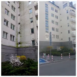 Porównanie elewacji budynku przed i po czyszczeniu, widoczne znaczne usunięcie zabrudzeń i zielonego nalotu, z zaznaczoną strefą roboczą.