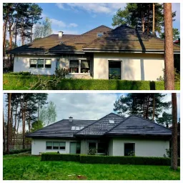 Porównanie dachu przed i po czyszczeniu: widoczna różnica w kolorze i czystości dachówki na dwukondygnacyjnym domu z jasną elewacją, otoczonym zielenią.
