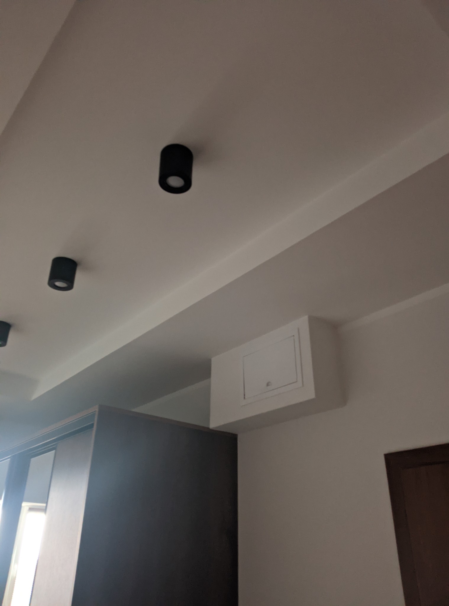 Biały sufit z zamontowanymi czarnymi lampami punktowymi i wnęką rewizyjną zamykaną na białe drzwiczki.