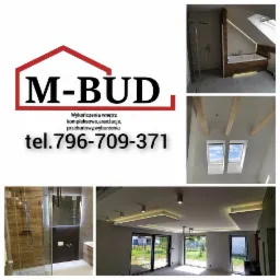 Kolaż zdjęć prezentujących logo firmy M-BUD oraz przykładowe realizacje: nowoczesna łazienka z oświetleniem LED, pokój na poddaszu z oknami dachowymi i salon z ozdobnym sufitem podwieszanym.