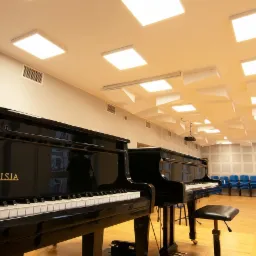 Wnętrze sali muzycznej z dwoma czarnymi fortepianami marki Callisia, oświetlone panelami LED i wyposażone w panele akustyczne na suficie oraz rzędy niebieskich krzeseł.
