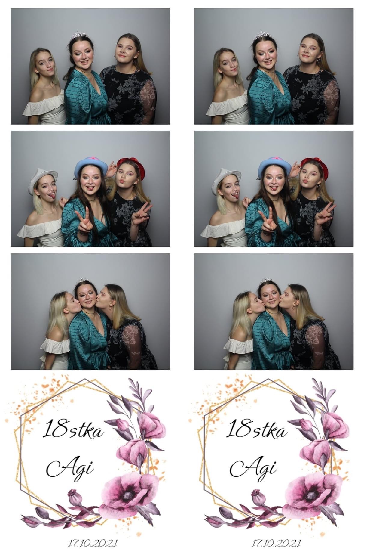 Wydruk z fotobudki: kolaż czterech zdjęć trzech młodych kobiet w różnych pozach i nakryciach głowy na jasnoszarym tle, z dekoracyjną grafiką kwiatową i napisem '18stka Agi 17.10.2021' u dołu.