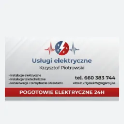 Wizytówka firmy elektrycznej Krzysztof Piotrowski z logo stylizowanym na wykres EKG i błyskawicę, oferującej instalacje, usługi teletechniczne, konserwację i pogotowie elektryczne 24H, z numerem...