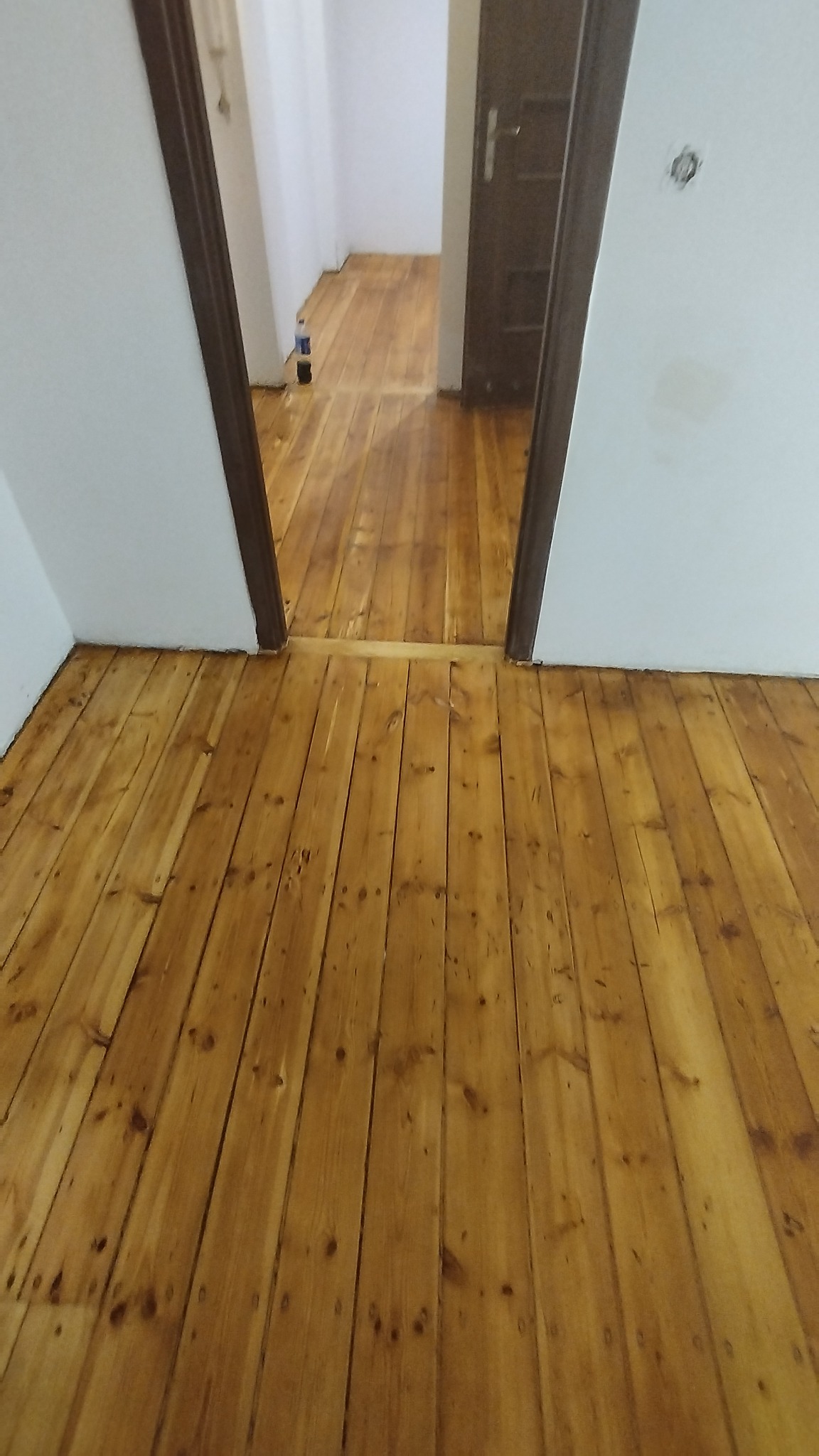 Świeżo polakierowana podłoga z desek w odcieniach miodowego brązu, widok z niskiego kąta z perspektywą na otwarte drzwi do dalszej części mieszkania.