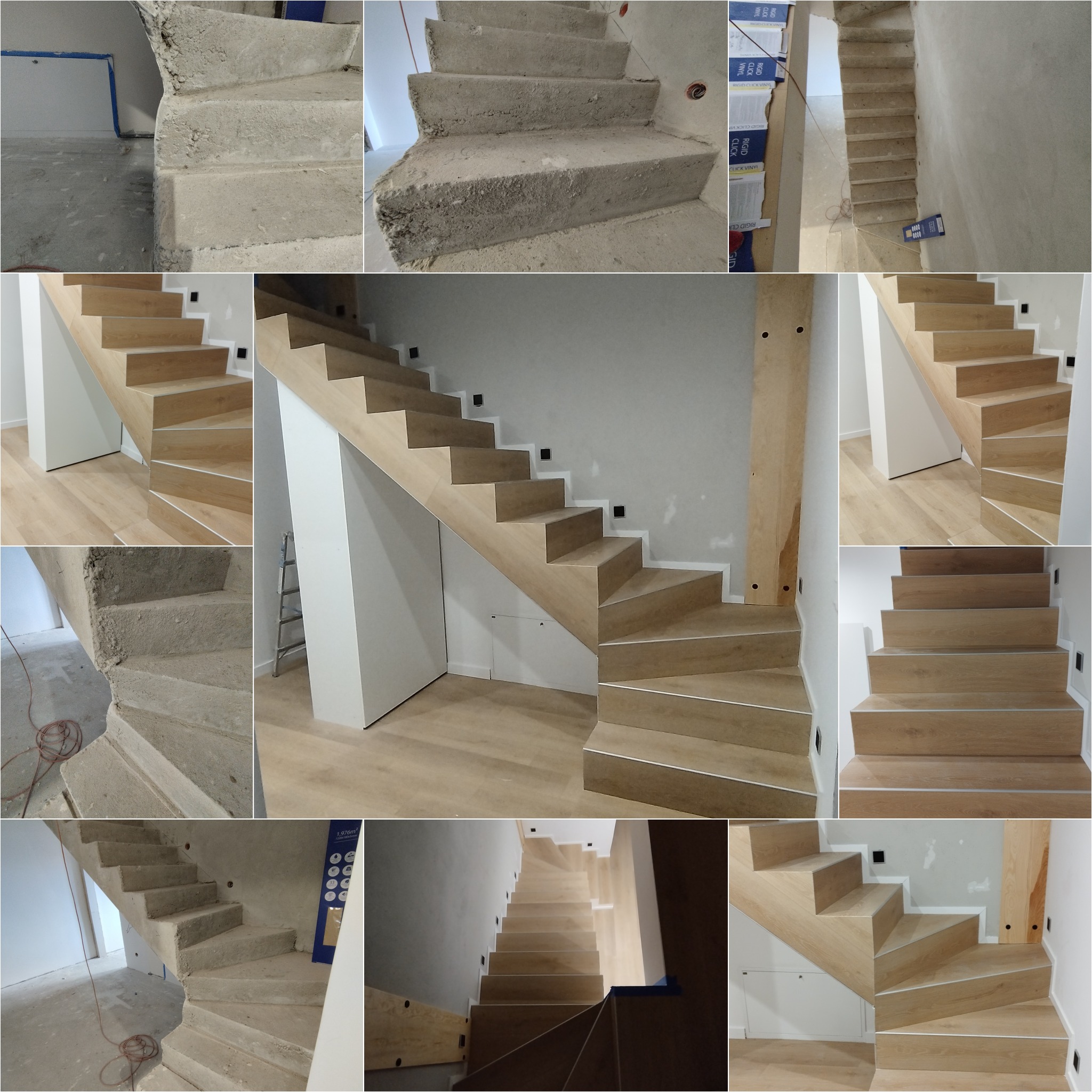 Montaż drewnopodobnych paneli na betonowych schodach, widoczne etapy: surowe schody betonowe oraz gotowe schody z panelami i listwami wykończeniowymi.