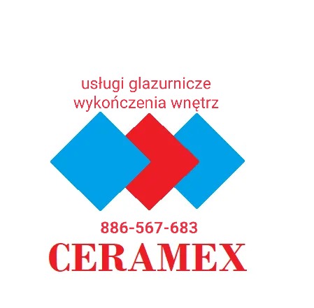 Logo firmy CERAMEX oferującej usługi glazurnicze i wykończenia wnętrz, z numerem telefonu i trzema rombami w kolorach niebieskim i czerwonym.