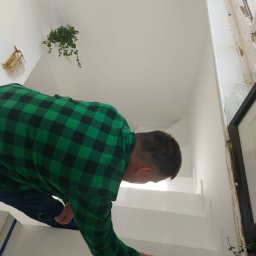 Diuneto - Mężczyzna w zielonej koszuli w kratę maluje białą farbą ścianę wewnętrzną przy schodach za pomocą małego wałka, widoczna doniczka z rośliną wisząca u sufitu.