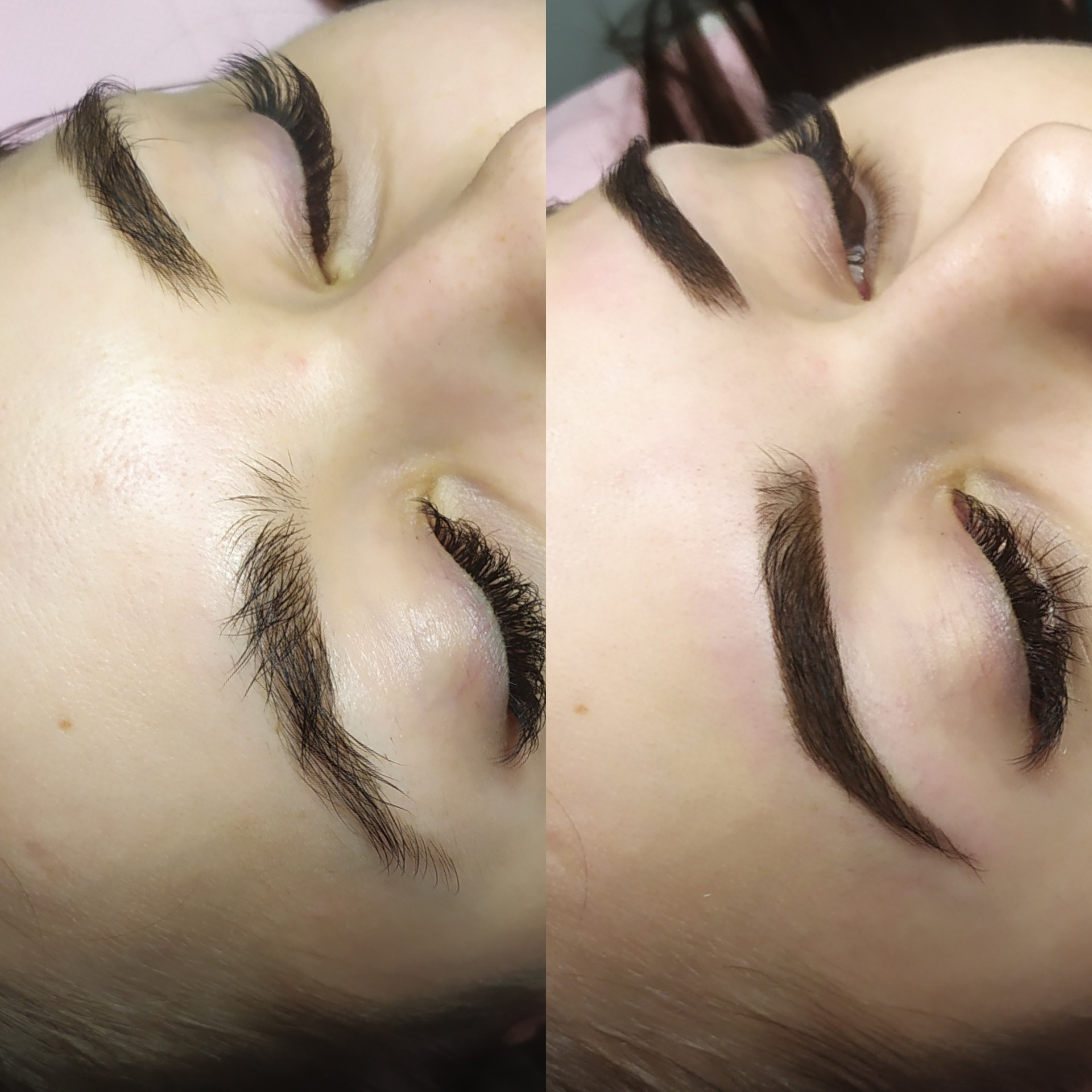 Porównanie brwi przed i po zabiegu stylizacji, widoczne różnice w kształcie i gęstości włosków.