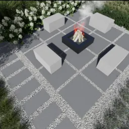 Widok z góry na aranżację przestrzeni ogrodowej z paleniskiem otoczonym kamienną nawierzchnią, białymi kamykami i siedziskami, w tle roślinność ogrodowa.