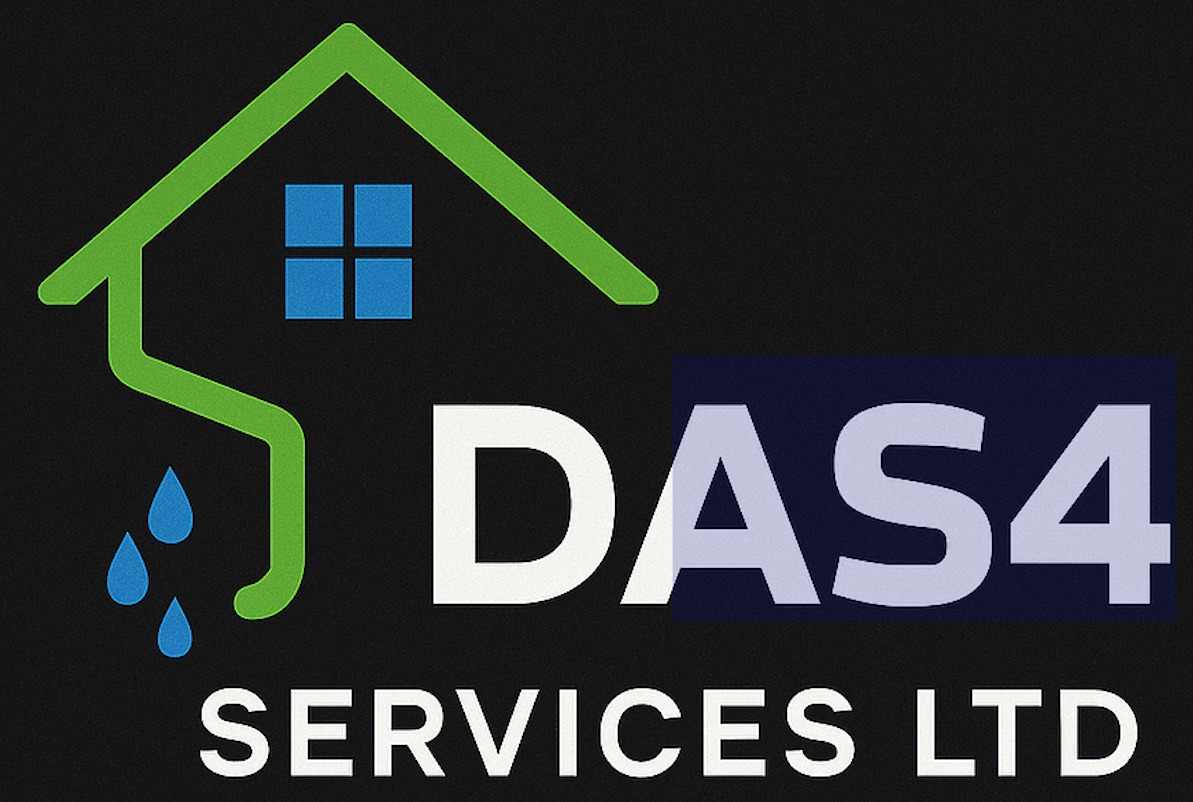 Logo firmy DAS4 Services LTD z ikoną domu, rynny i kropli wody. Grafika na czarnym tle, z elementami w odcieniach zieleni i niebieskiego.
