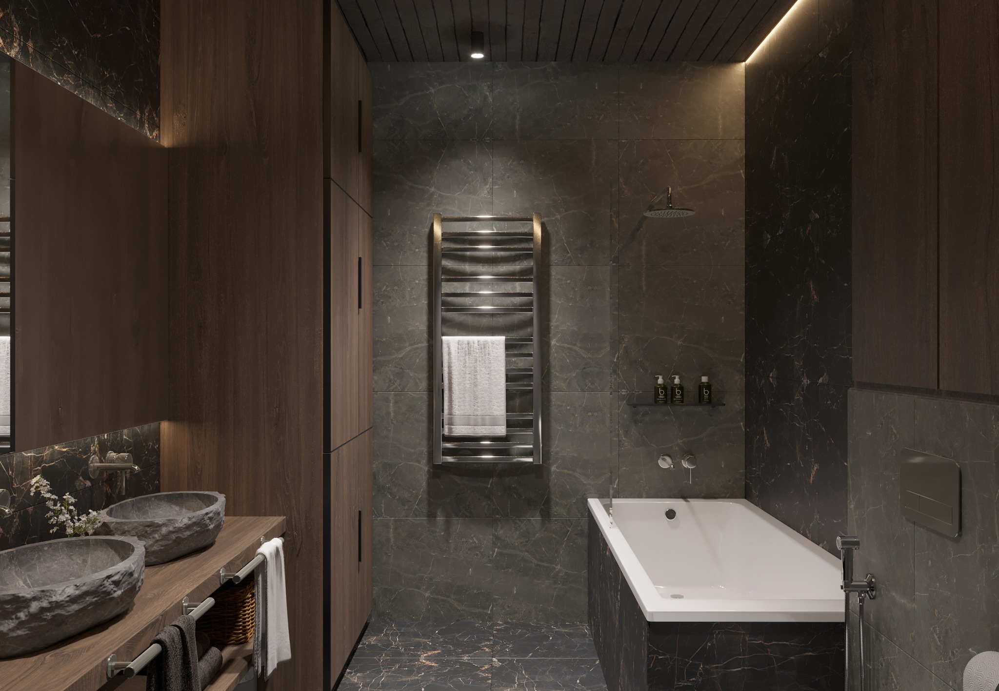Nowoczesna łazienka z ciemnymi marmurowymi płytkami, drewnianymi szafkami, podwójną kamienną umywalką, podświetlanym grzejnikiem na ręczniki i białą wanną narożną.