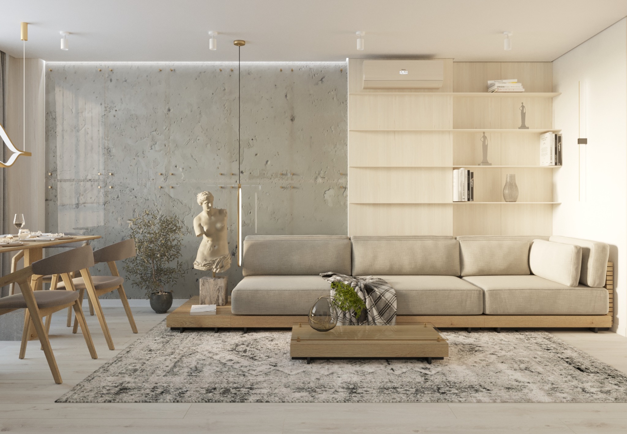 Jasne wnętrze salonu z betonową ścianą, drewnianym regałem, sofą modułową, rzeźbą gipsową i dywanem w stylu vintage.