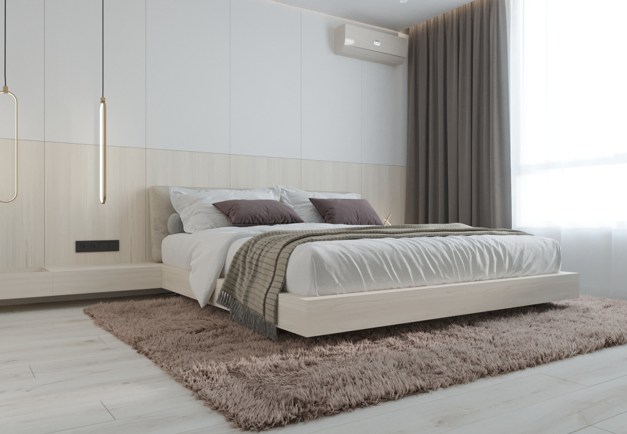 Jasna sypialnia z minimalistycznym łóżkiem, puszystym dywanem i wiszącymi lampami, klimatyzacja nad wezgłowiem.