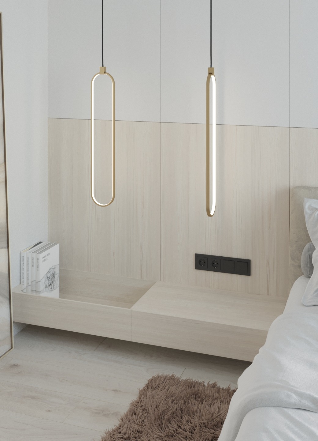 Nowoczesna sypialnia z minimalistycznym oświetleniem: dwie podłużne lampy wiszące z delikatnym złotym obramowaniem, zamontowane nad drewnianym stolikiem nocnym z książkami, na tle panelu ściennego...