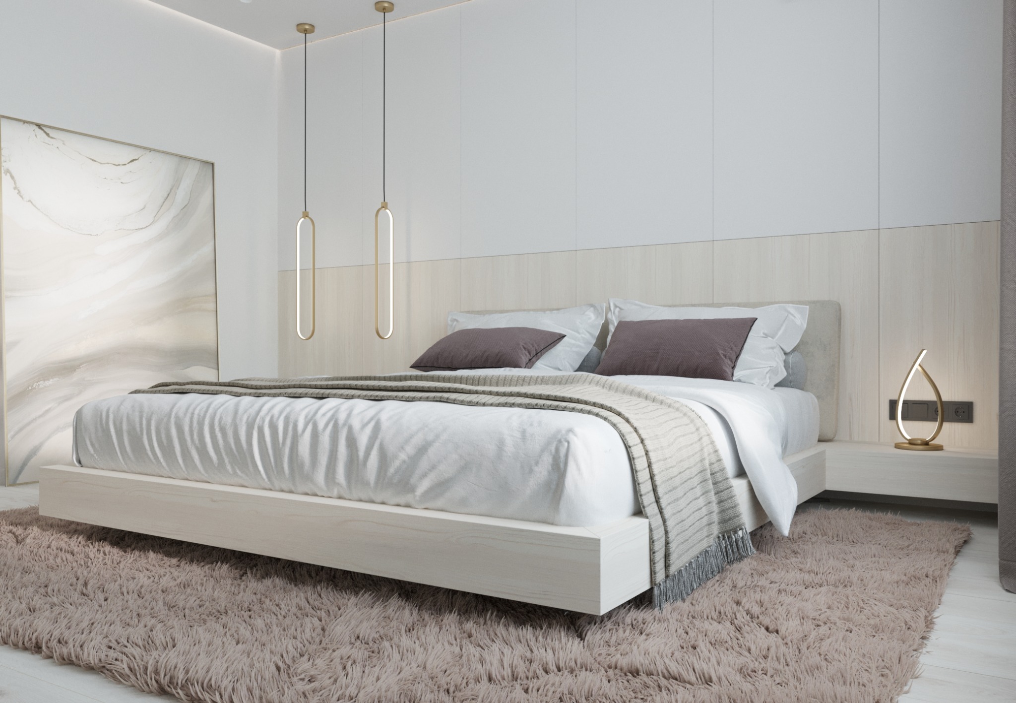 Minimalistyczna sypialnia z łóżkiem na niskiej platformie, puszystym dywanem, dwoma podłużnymi lampami wiszącymi i abstrakcyjnym obrazem w złotej ramie.
