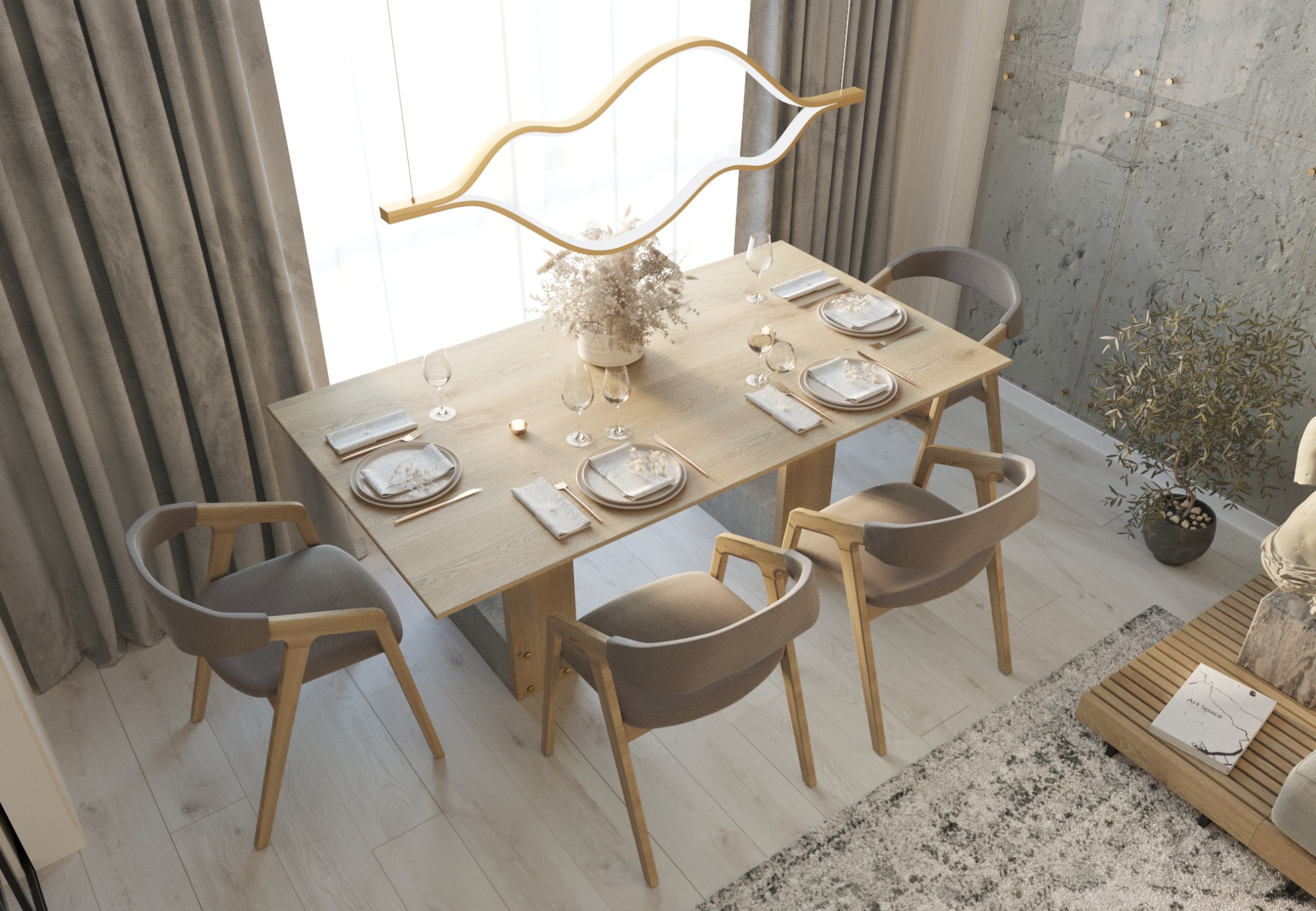 Jasne, przestronne wnętrze jadalni z drewnianym stołem nakrytym dla sześciu osób, nowoczesna lampa w kształcie fali nad stołem, szare krzesła z drewnianymi nogami, betonowa ściana z dekoracyjnymi...