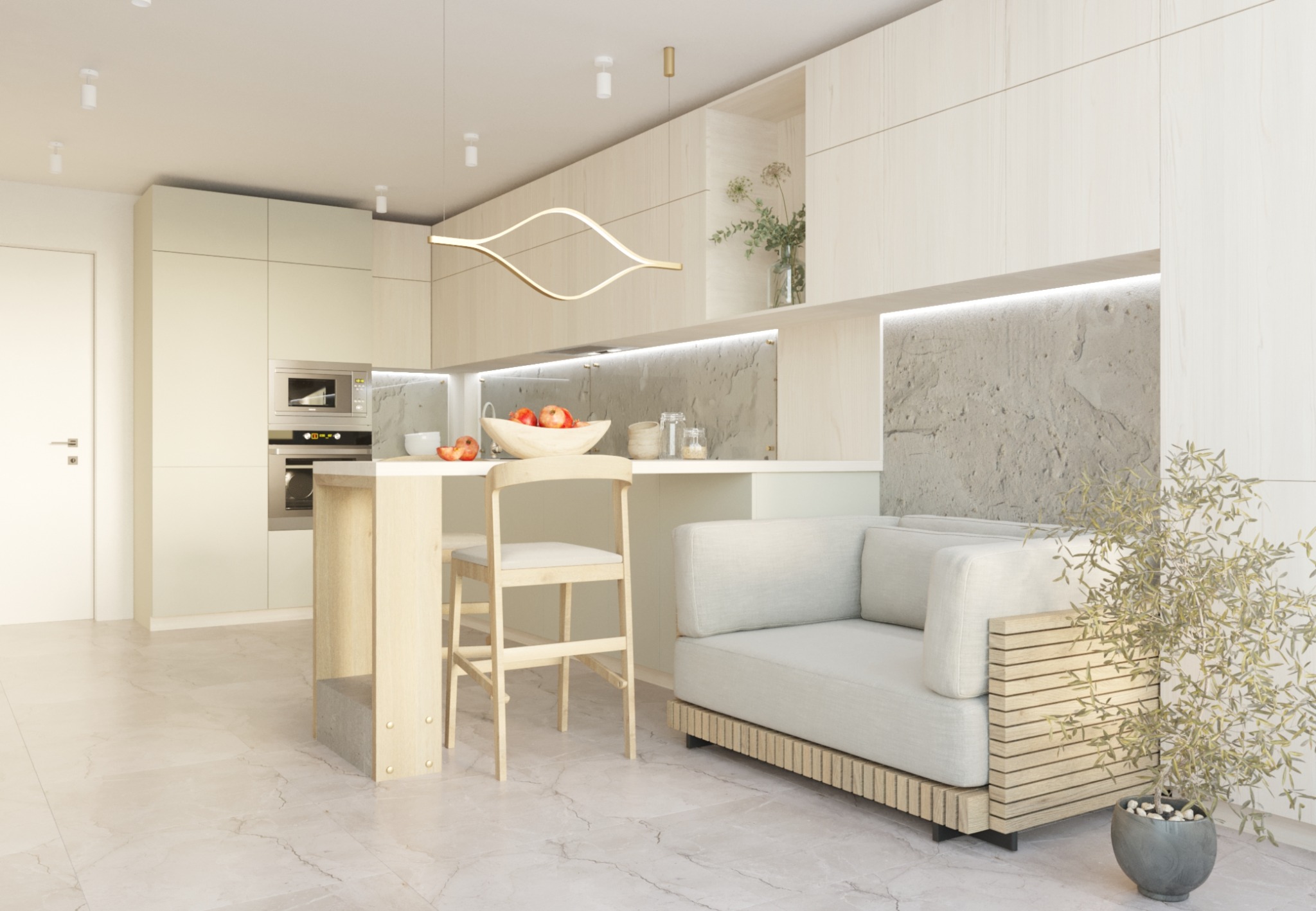Jasna kuchnia z wyspą i krzesłem barowym, uzupełniona sofą i rośliną doniczkową, oświetlona nowoczesną lampą wiszącą.